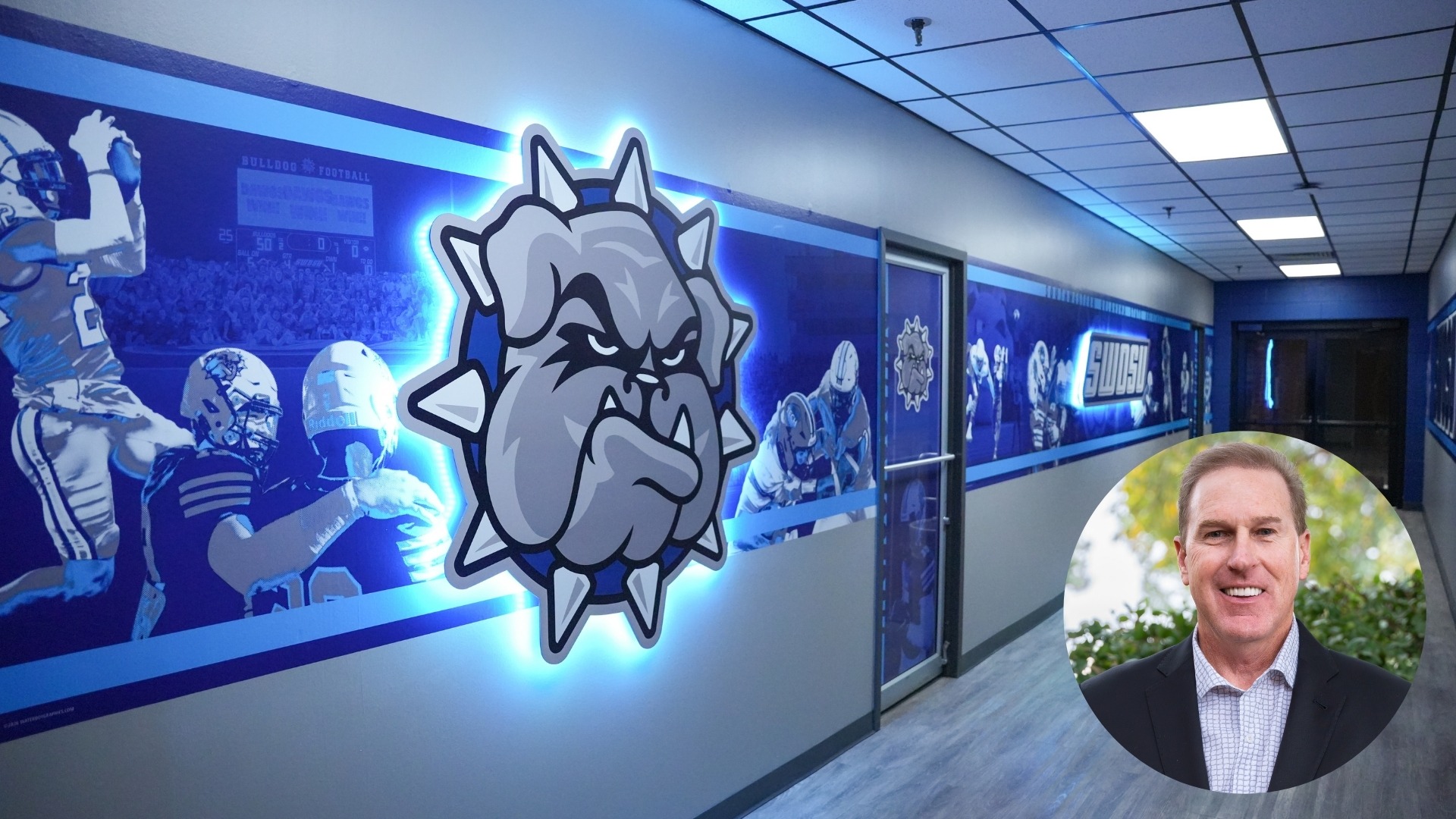 Football Wall Wrap Press Release Graphic showing the wall wrap and a picture of Steve Price in the corner