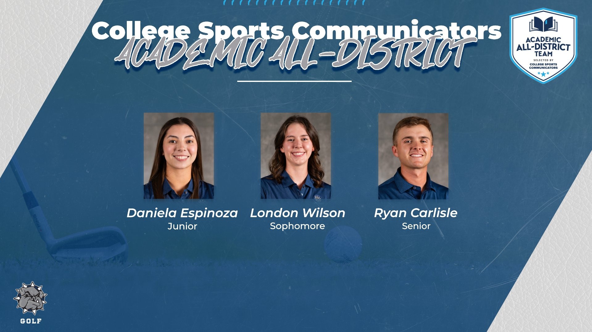 CSC Academic All District graphic for golf showing headshots of the three recipients