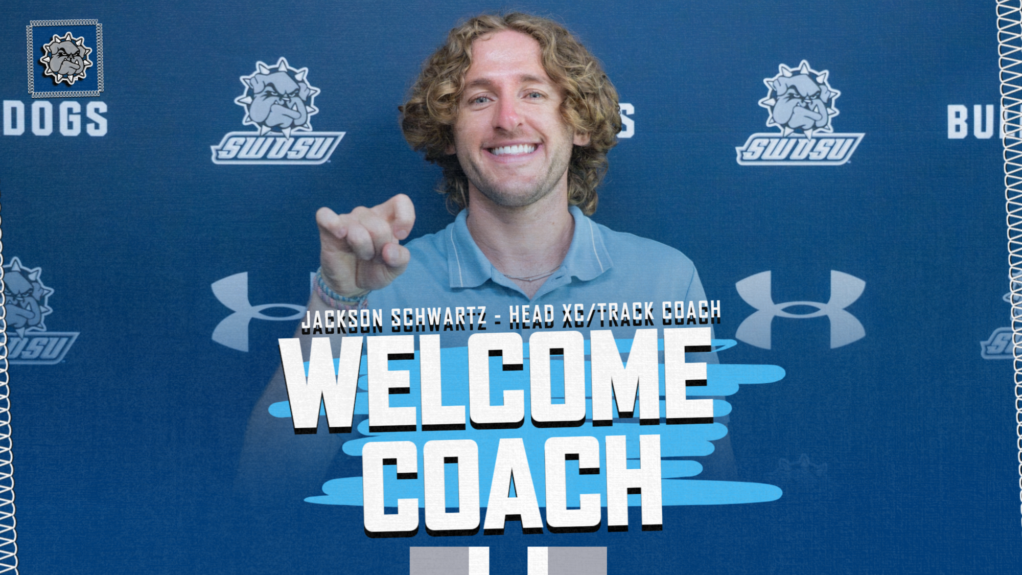 Jackson Schwartz announced as new cross country & track and field coach. Graphic showing him using a Bulldog hand symbol welcoming him