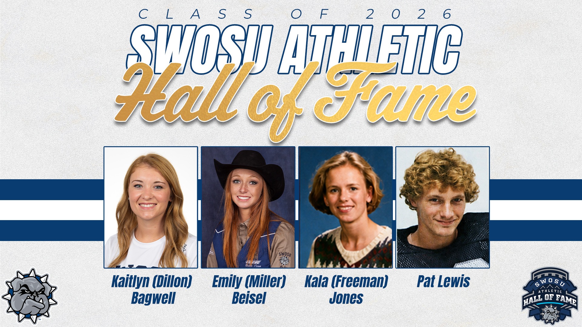 swosu athletic hall of fame class of 2026 story photo featuring headshots of the four winners: kaitlyn bagwell, emily miller, kala freeman, and pat lewis