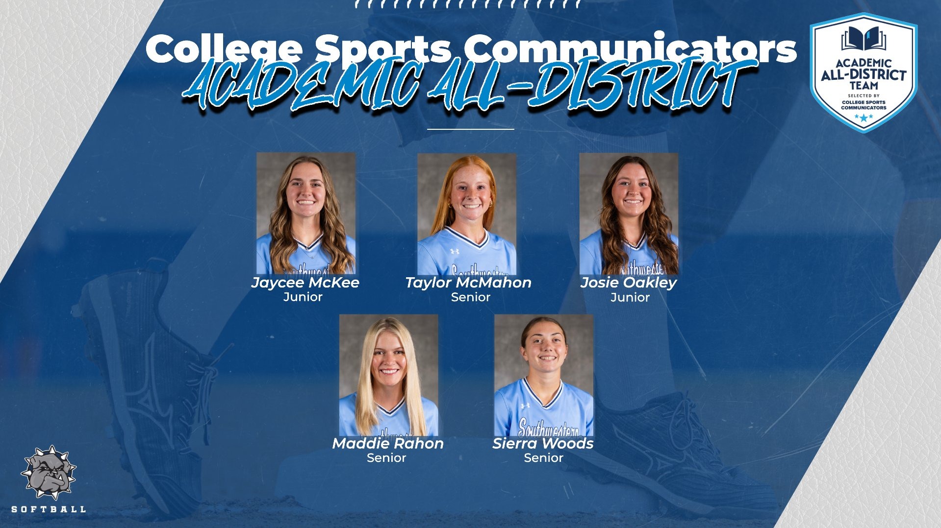 swosu softball academic all district graphic showing the headshots of the 5 winners