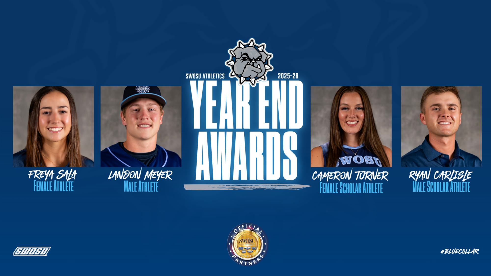 2025-26 Year End Awards Graphic showing headshots of SWOSU's four 'of the year' winners