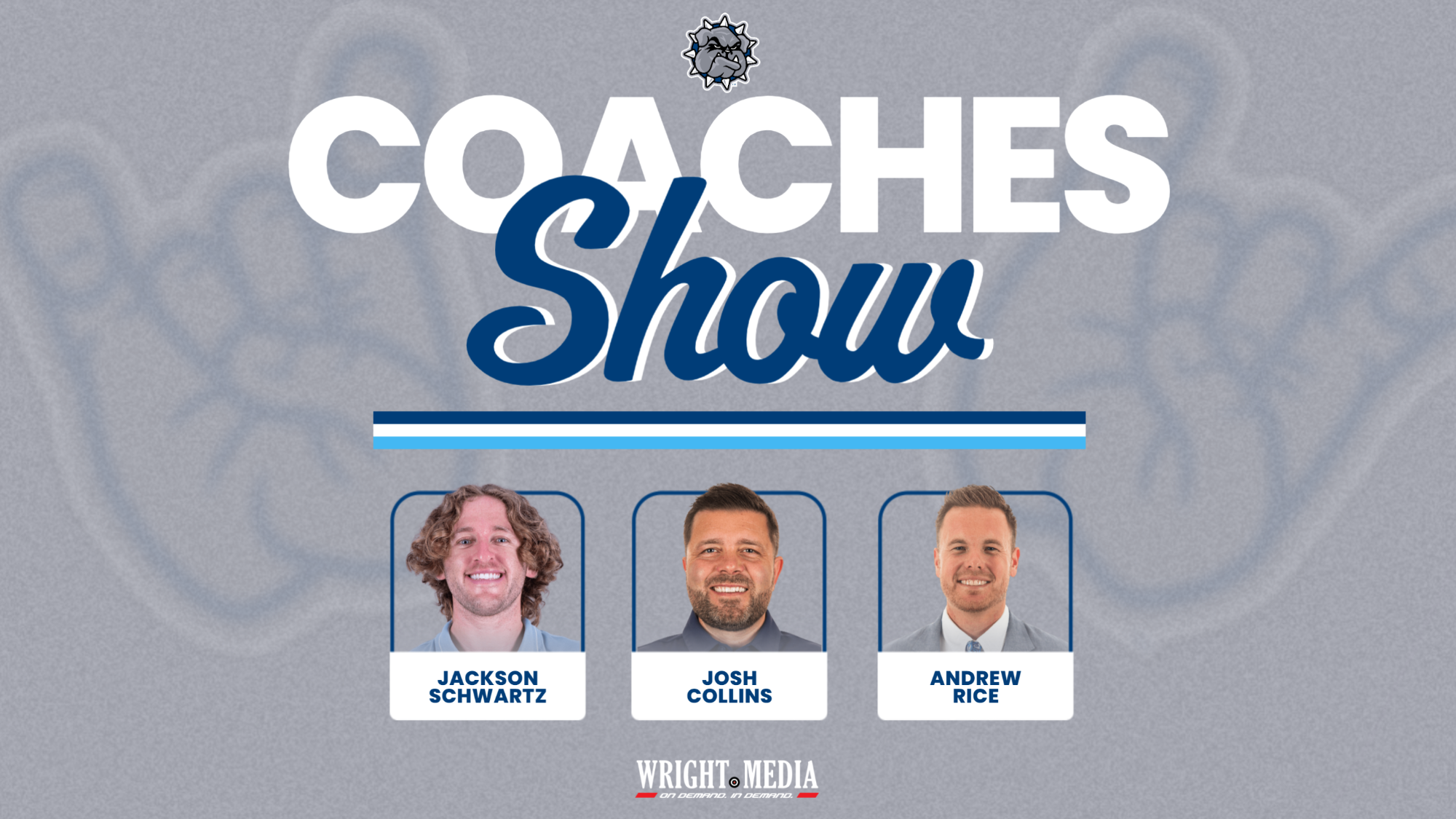swosu coaches show week 1 graphic showing headshots of the 3 guests: coach schwartz, collins, & rice. 