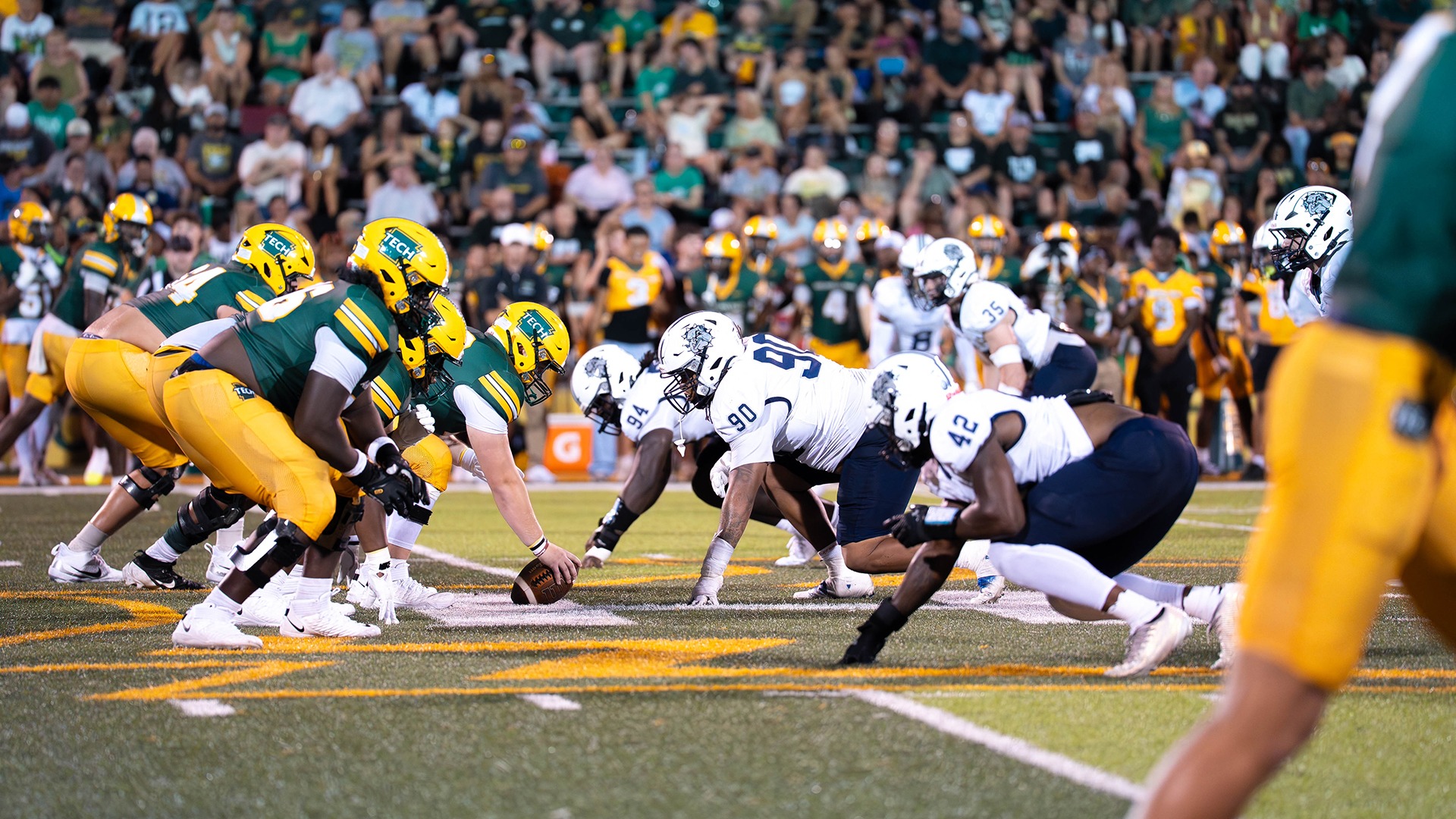 SWOSU Football defensive line lines up against Arkansas Tech offensive line