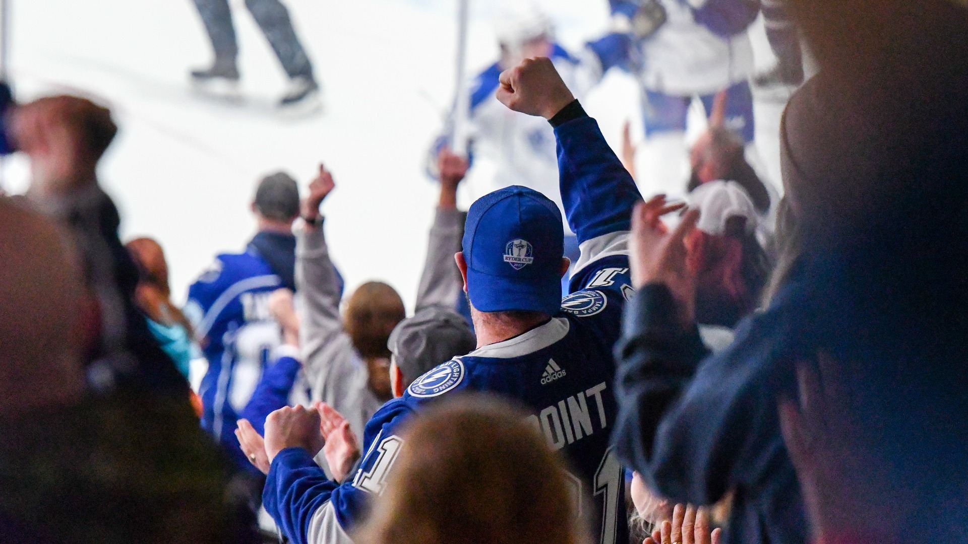 Fans cheer for Gage Goncalves (39) goal at the Upstate Medical University Arena in Syracuse, New York on Friday, December 1, 2023.