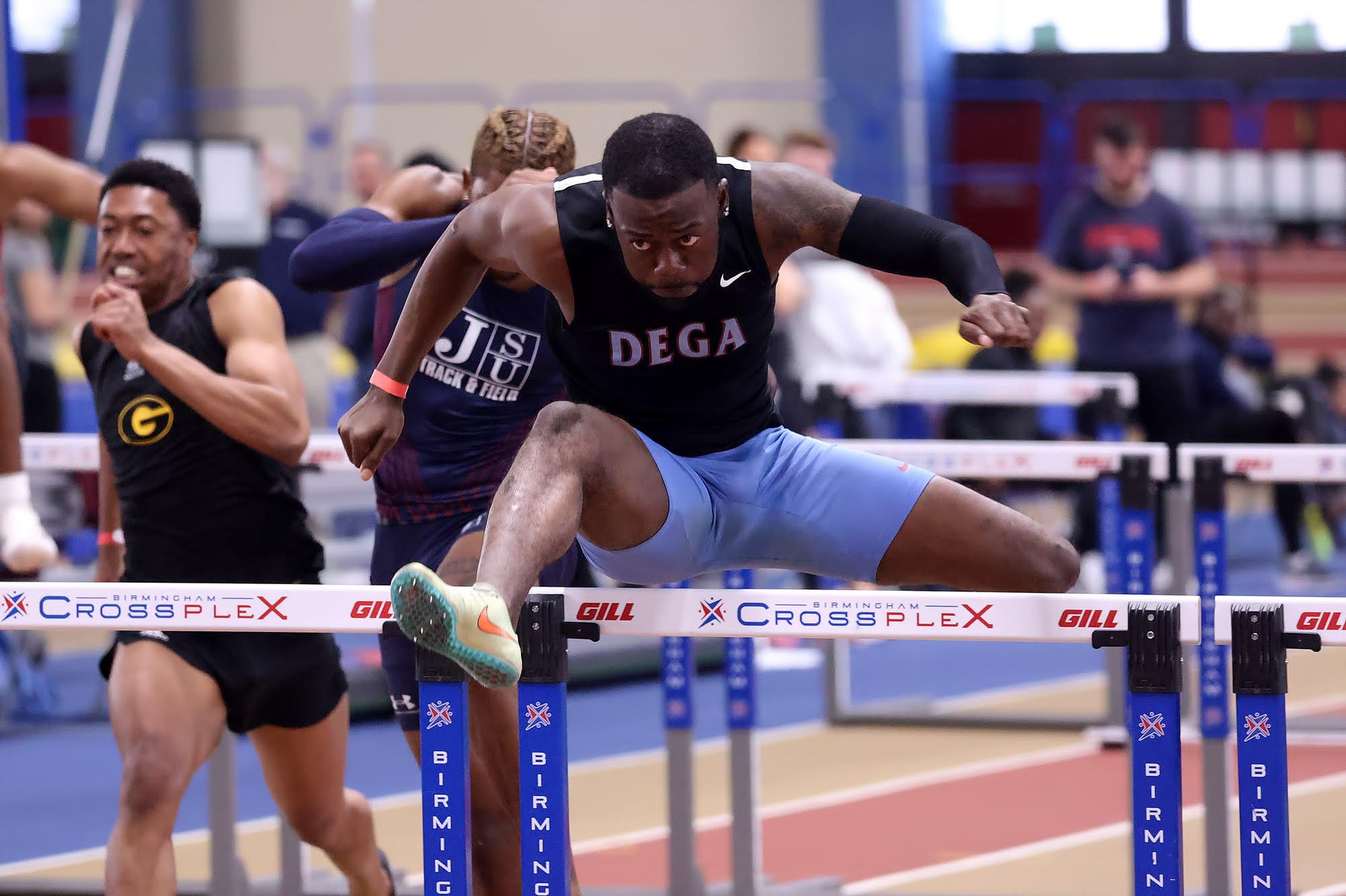 Emmanuel Niang wins the 60-meter hurdles at the KMS Invitational. Jan. 22, 2023