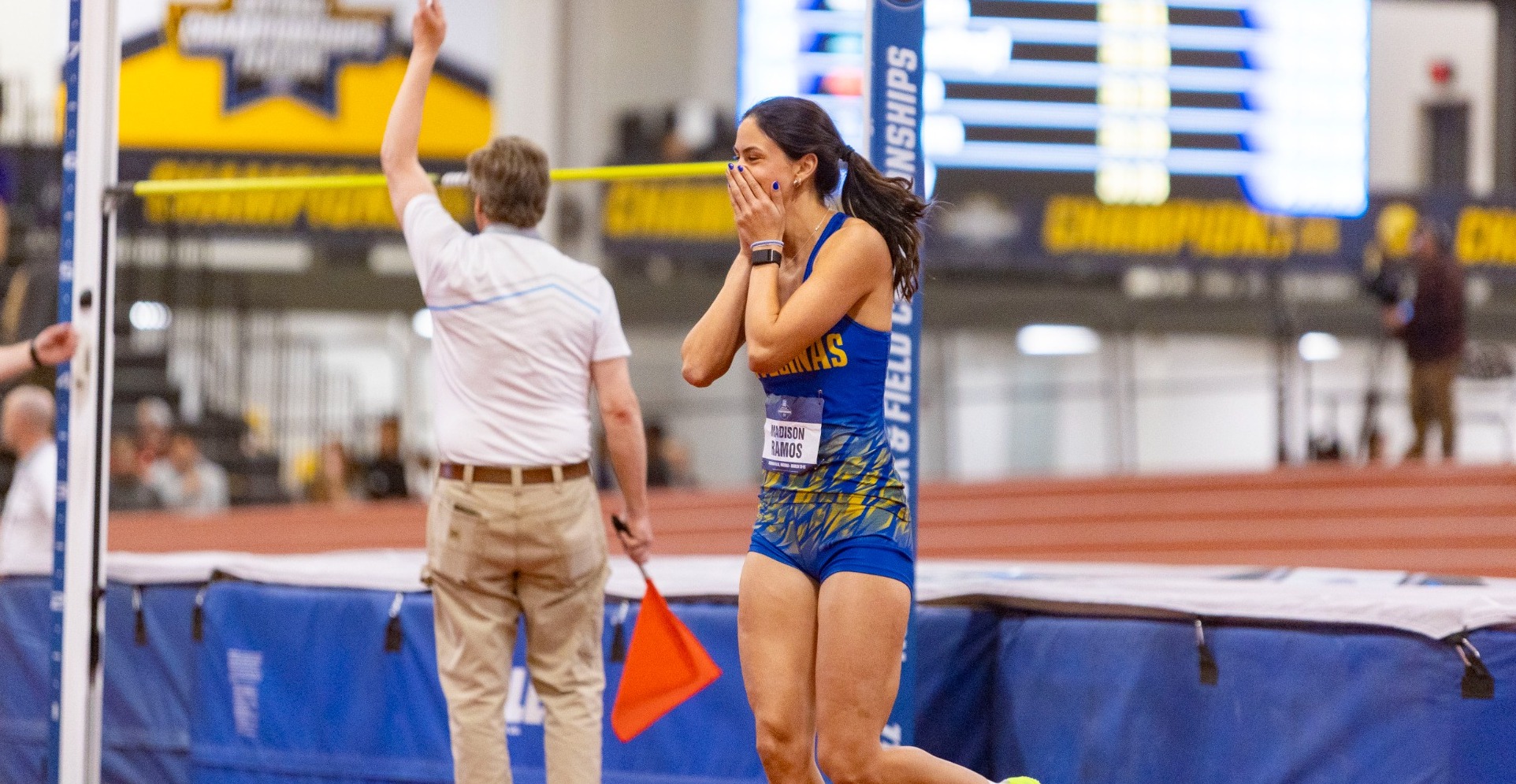 Madison Ramos after breaking the Indoor school high jump record at the 2025 Indoor National Championships