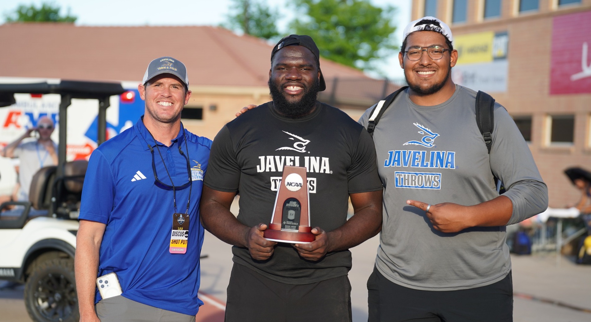 Ronald with David and Coach P after National Runner-up performance in 2025 Outdoor Nationals Discus