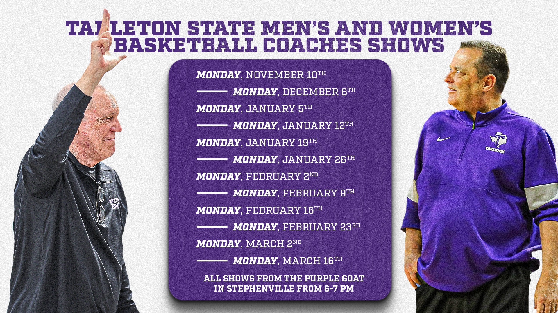 Graphic Promoting Tarleton State Basketball Coaches Radio Shows on Nov. 5, 2025