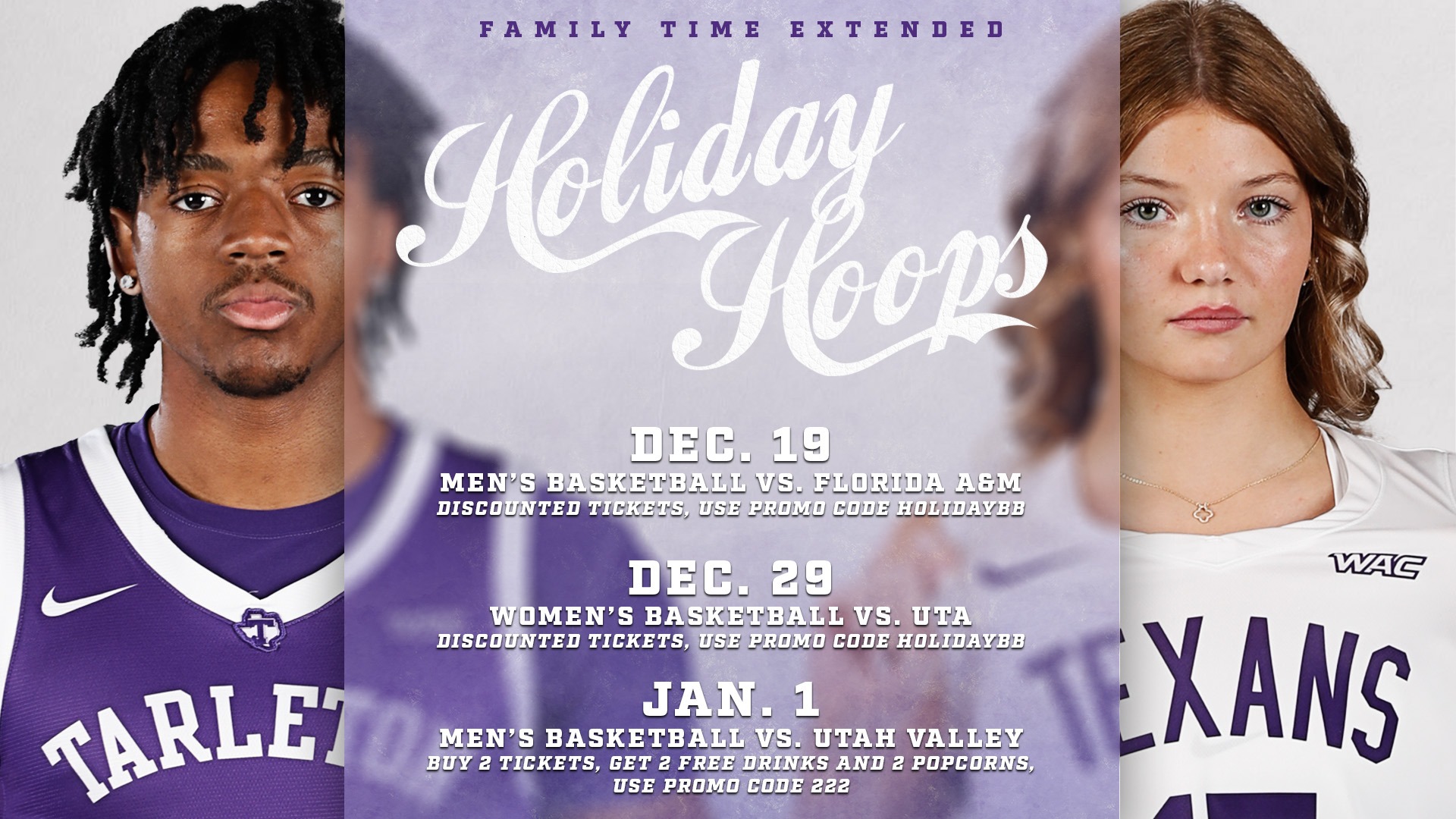 Graphic Promoting Tarleton State Holiday Hoops Specials (Dec. 15, 2025)
