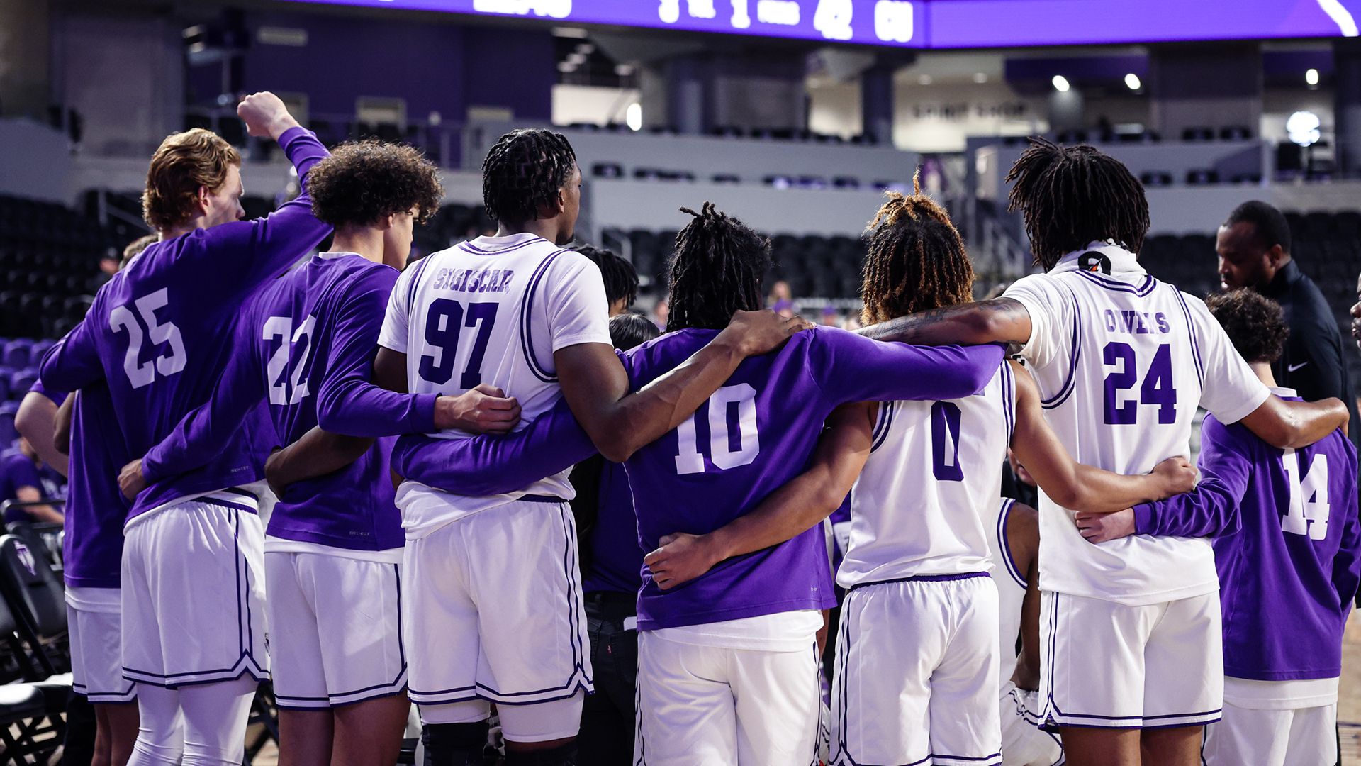 Tarleton State Men's Basketball Team Huddle during a timeout