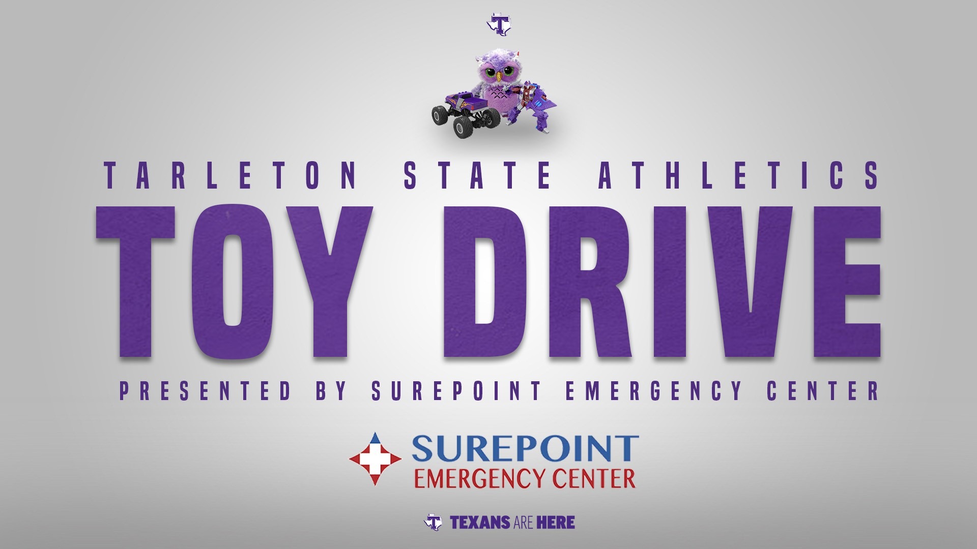 Graphic Promoting Tarleton State Athletics' Toy Drive, Presented by Surepoint Emergency Center, on Dec. 2, 2025