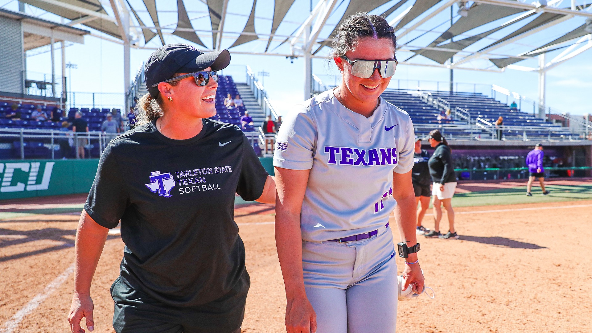 Stefanie Phillips with Hannah Blincoe during Tarleton State's Softball game at GCU.