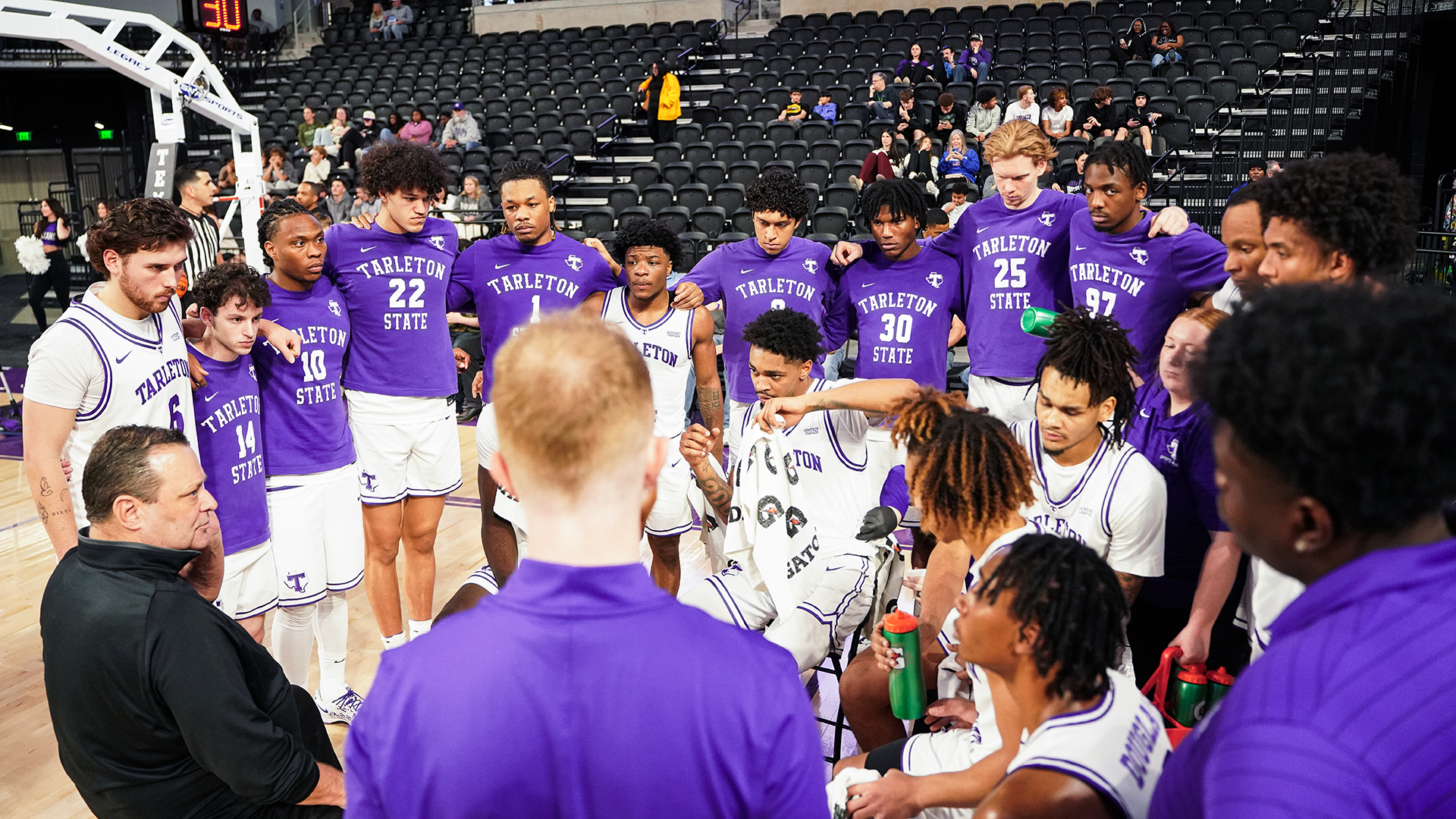 Tarleton State top view of timeout huddle 