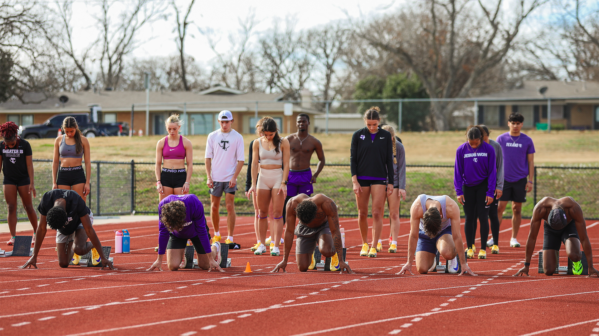 Tarleton State Track and Field men's sprinters in blocks