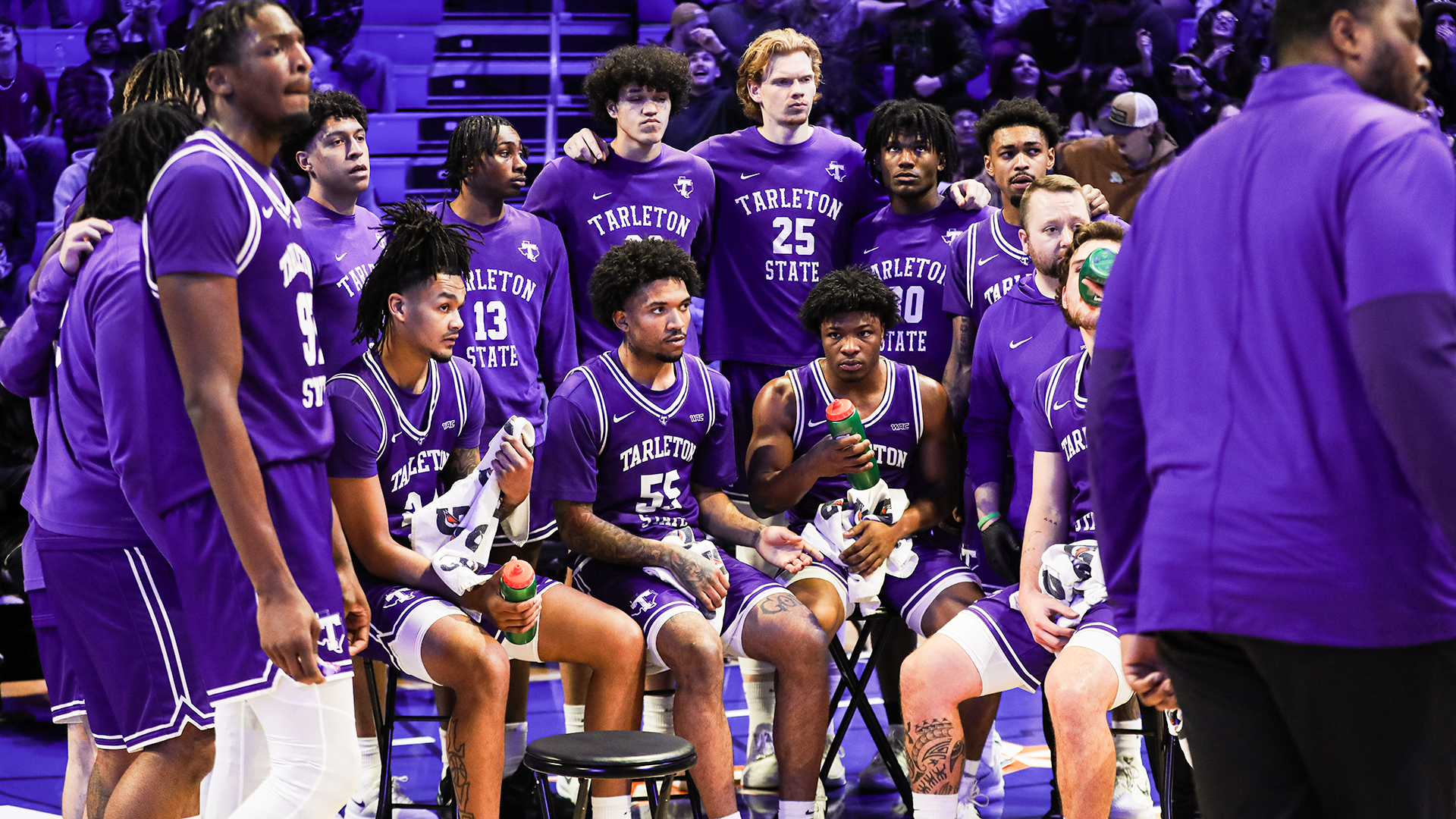 Tarleton State Men's Basketball huddle during a timeout