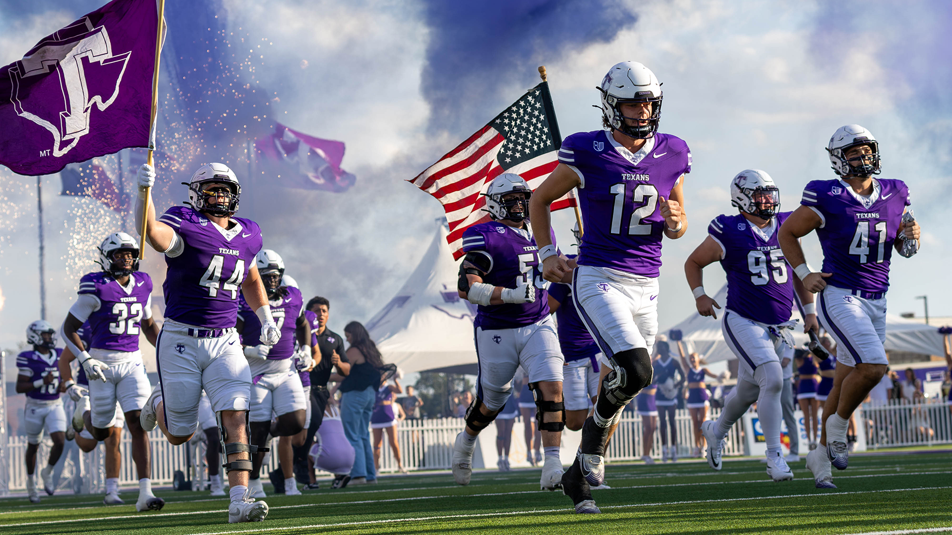 Tarleton State Football Runs Out with the American Flag (Photo Used Oct. 30, 2026)