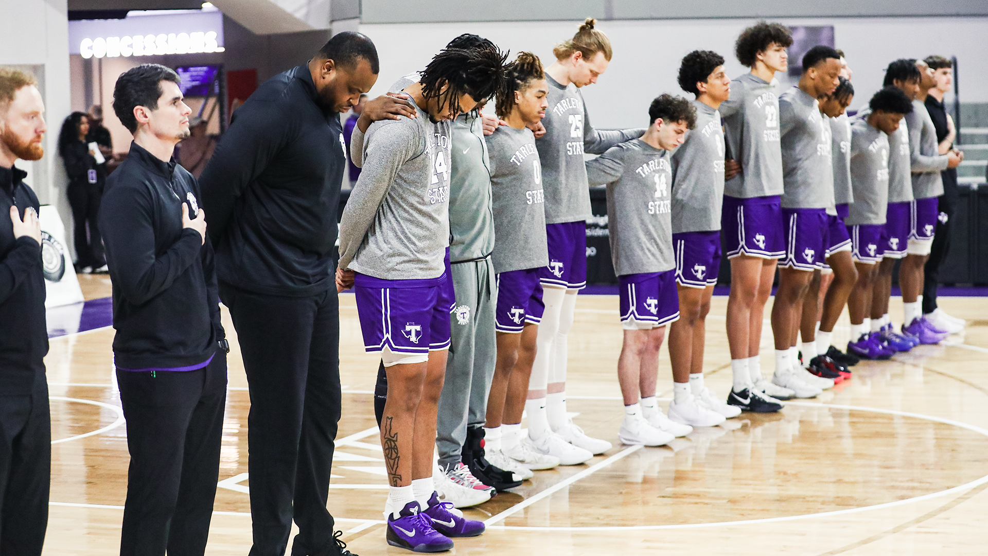 Tarleton State Men's Basketball lined up for national anthem against ACU