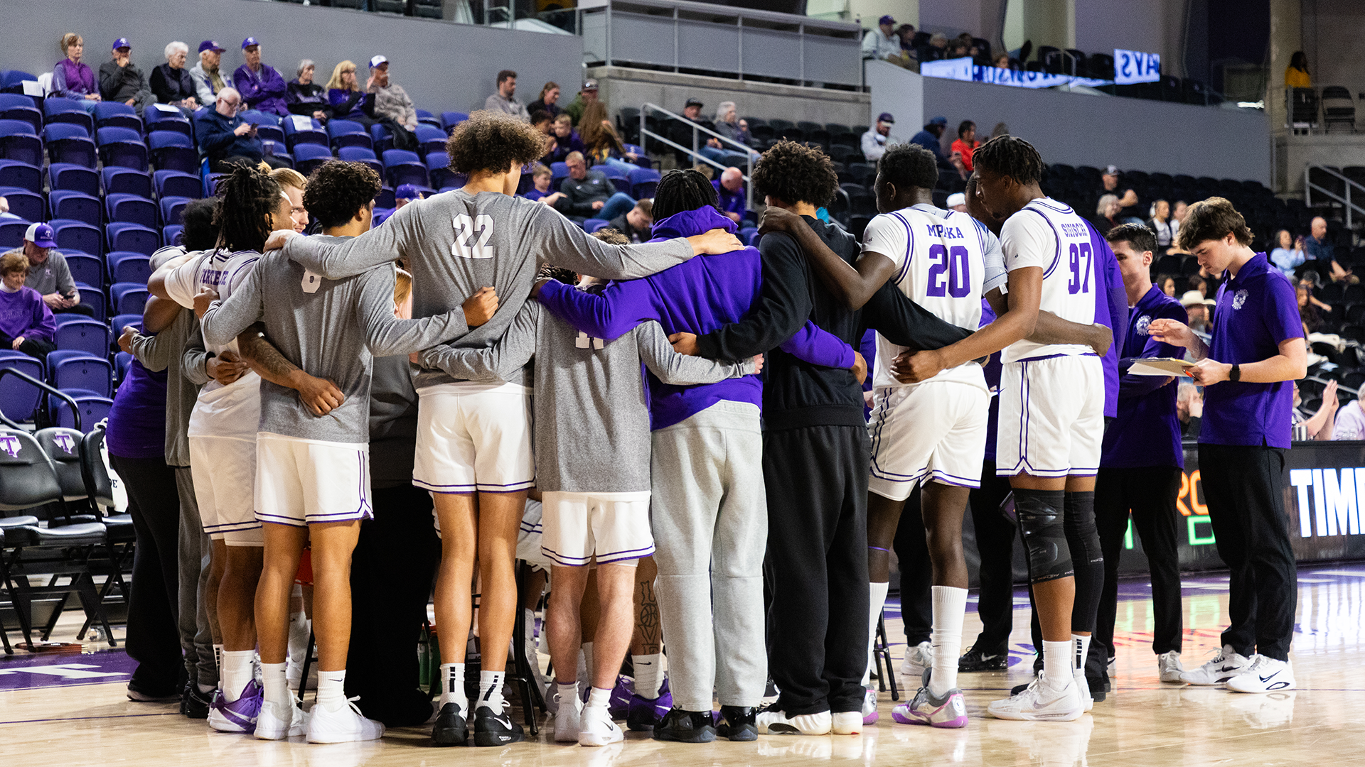 Tarleton State Men's Basketball huddle during a timeout