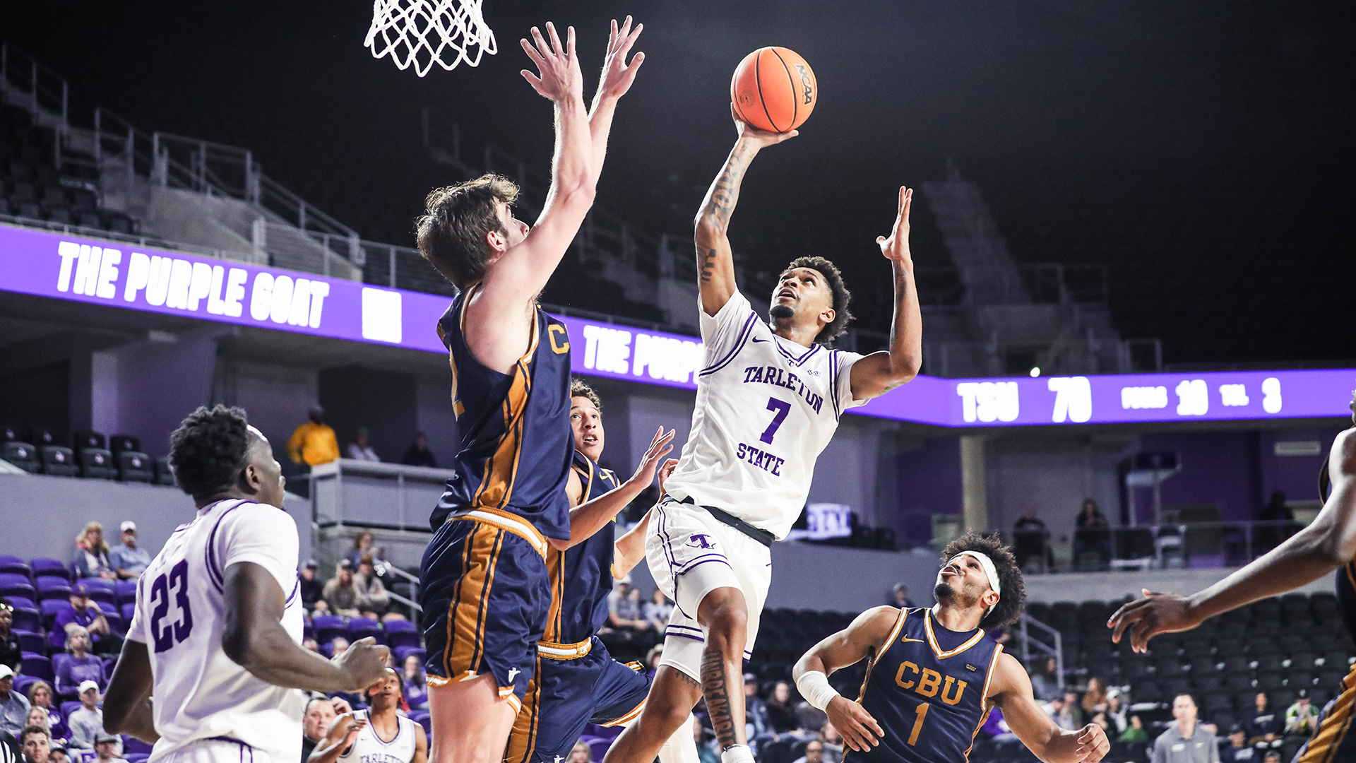 Dior Johnson making a layup vs, CBU at the EECU Center