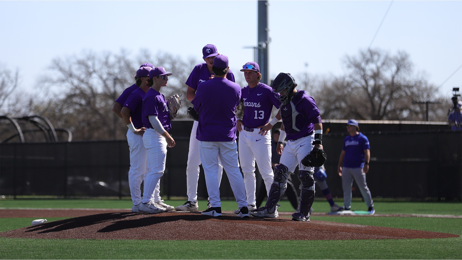 Texans meet on the mound as they face Houston Christian on March 16, 2026 in Stephenville, Tx. 