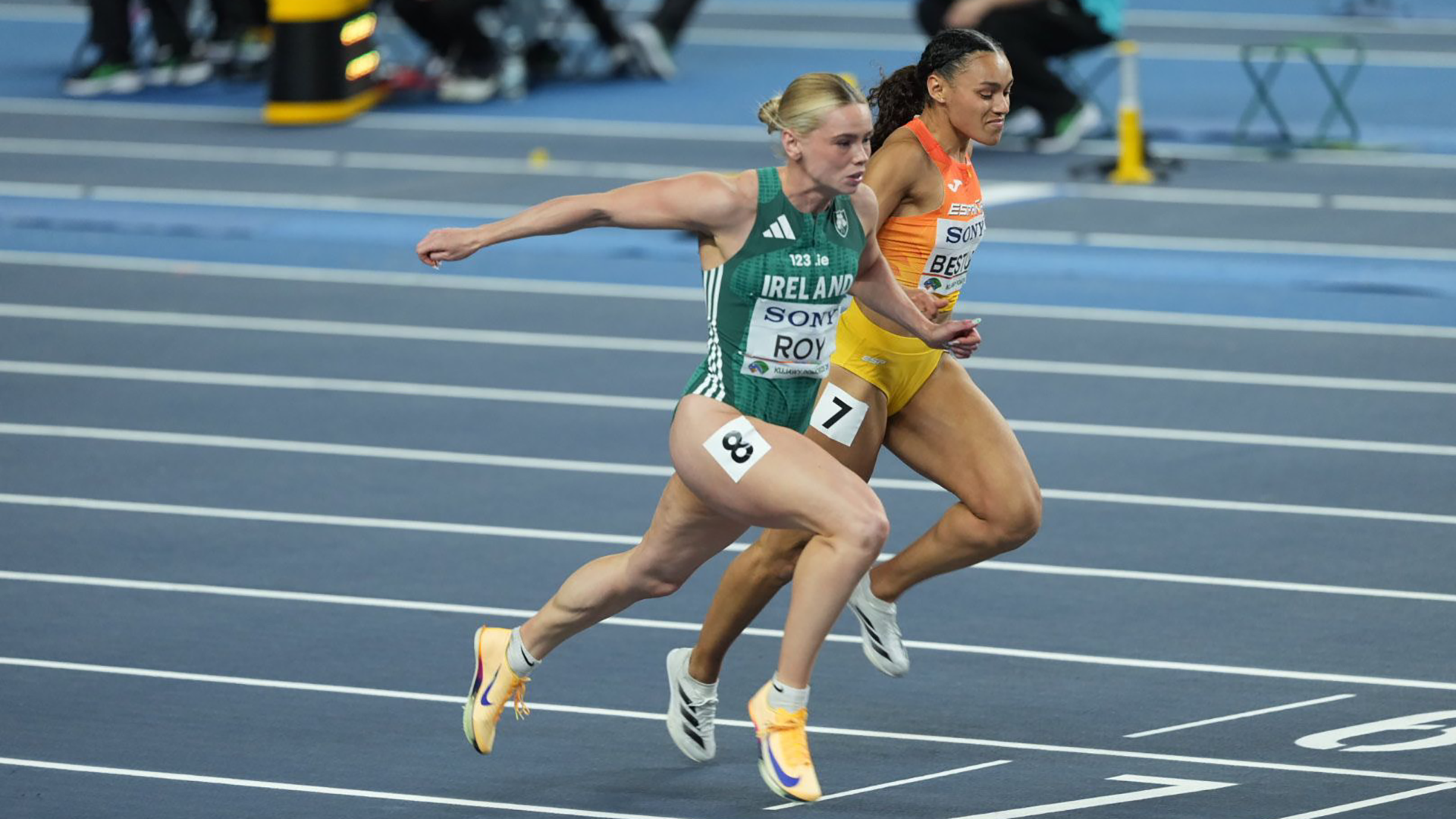 Lauren Roy racing for Ireland at the World Indoor Championships in Poland