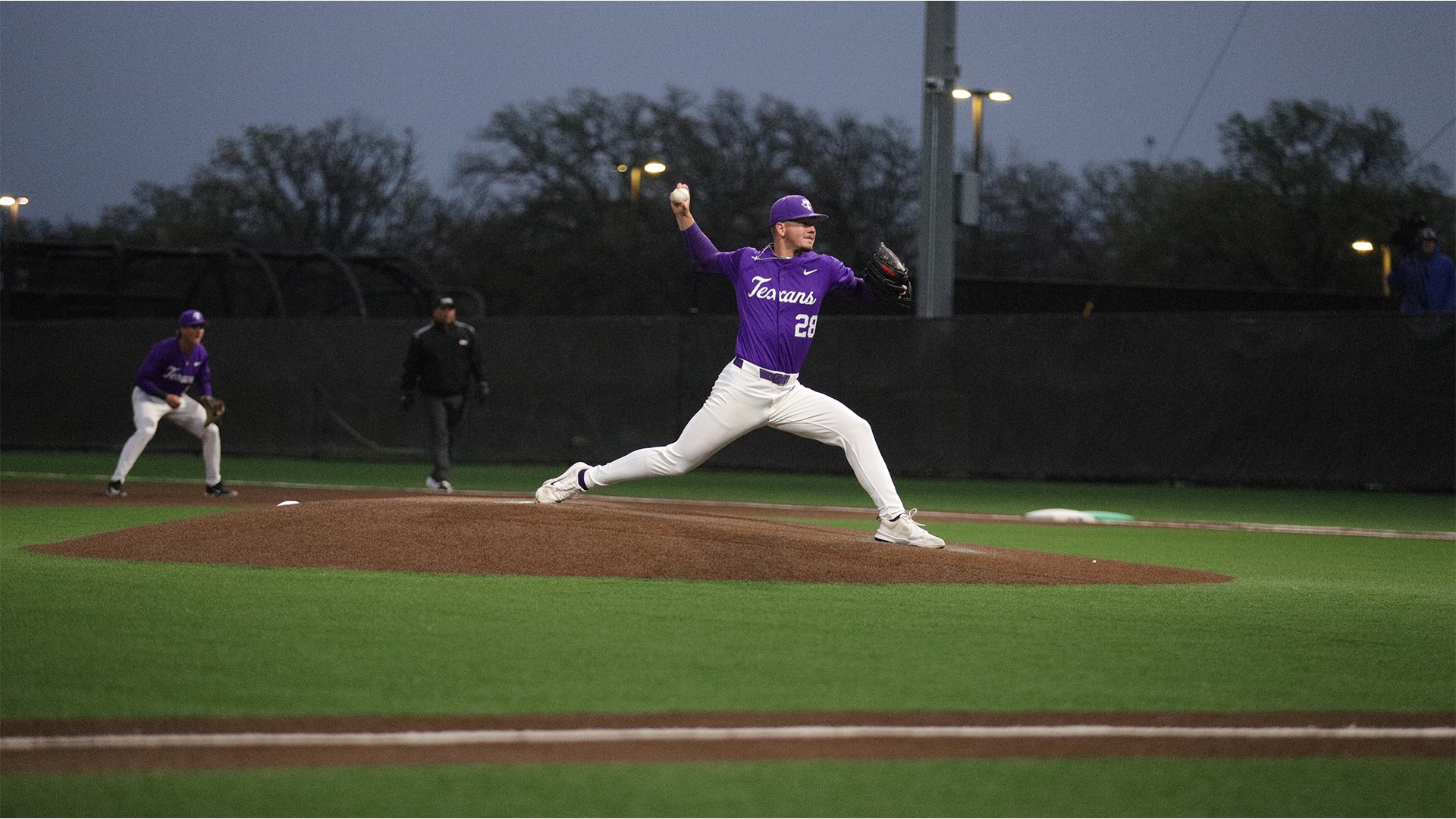 Cort Lowry pitches for the Texans as they face Air Force on Friday, March 27, 2026 in Stephenville, Texas. 