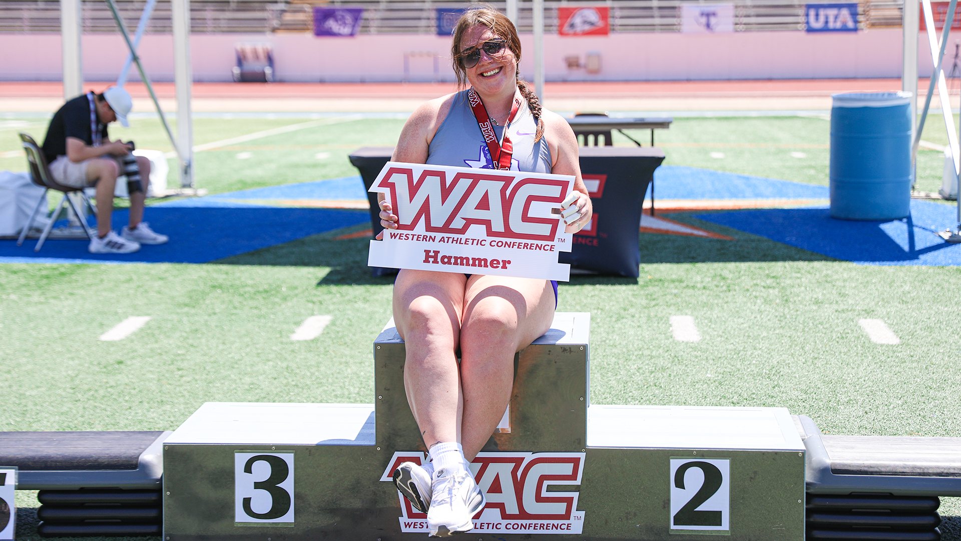 Tayler Wessely WAC Champion hammer throw on podium