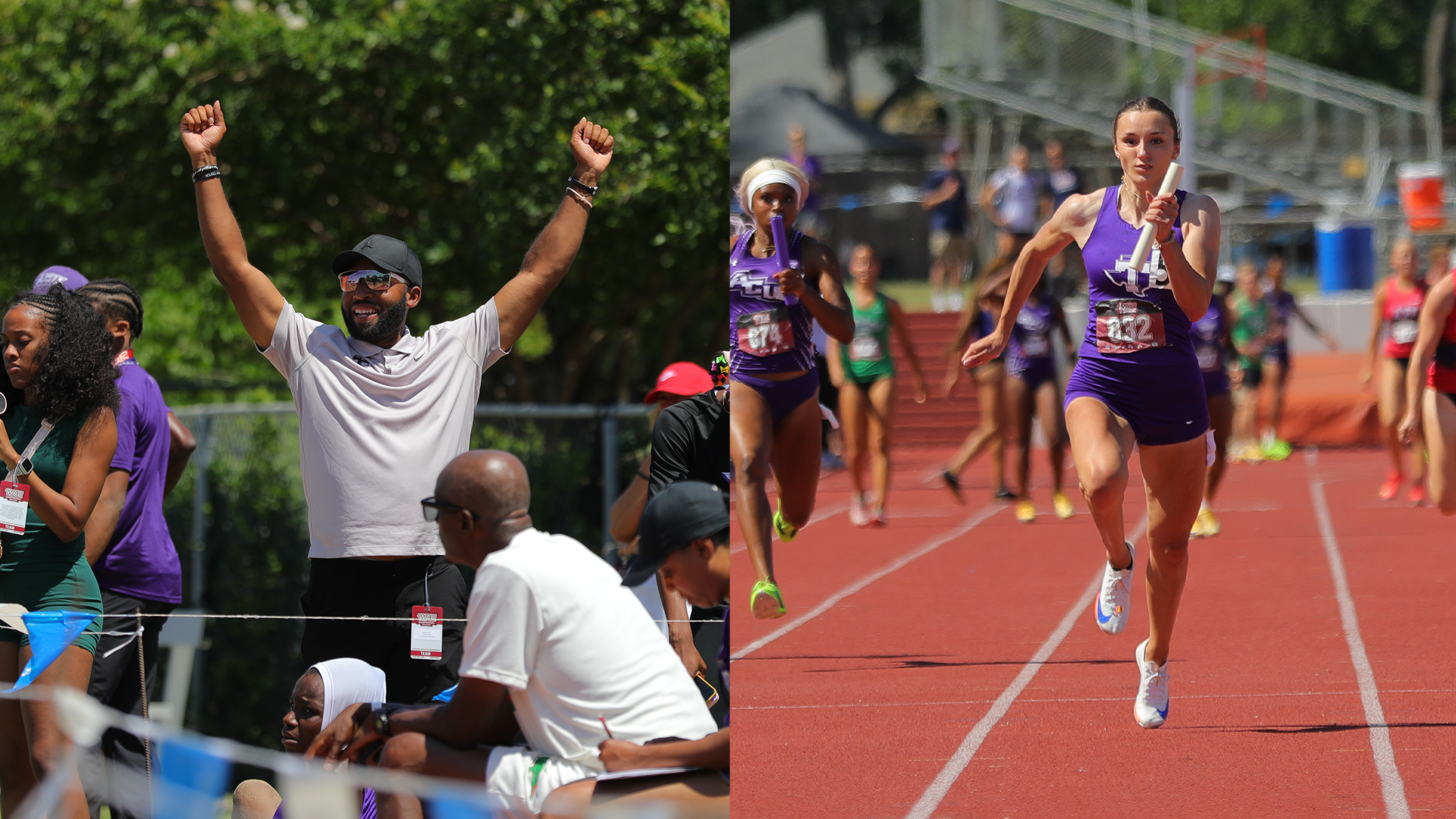 Bobby Carter rasing his arms, Emma Holmes running down the straightaway during a relay