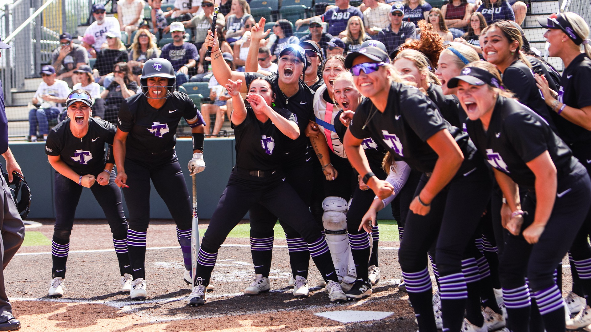 Tarleton State Softball celebrating after a home run against CBU