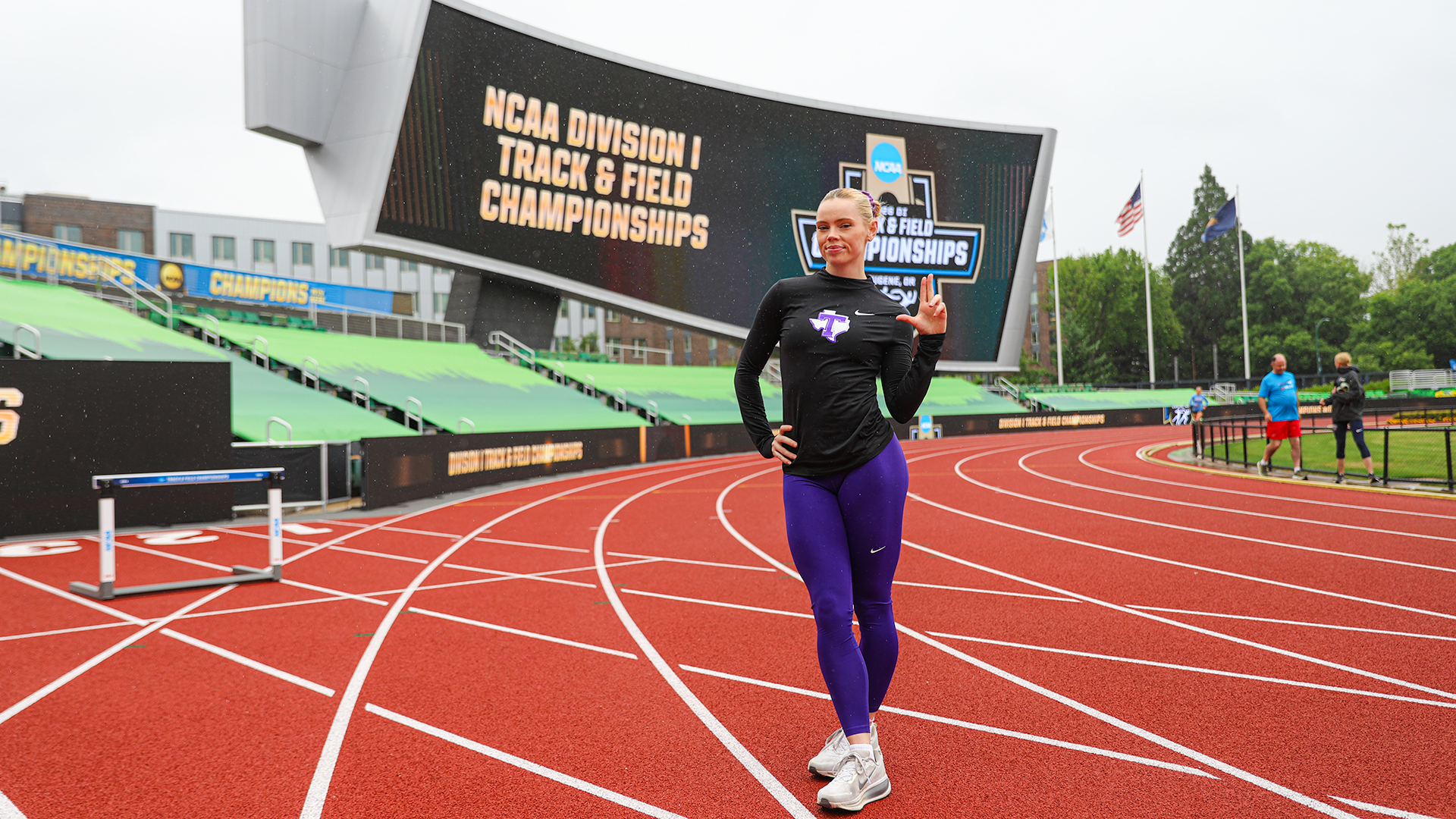 Lauren Roy posing at Hayward Field before the NCAA Championships