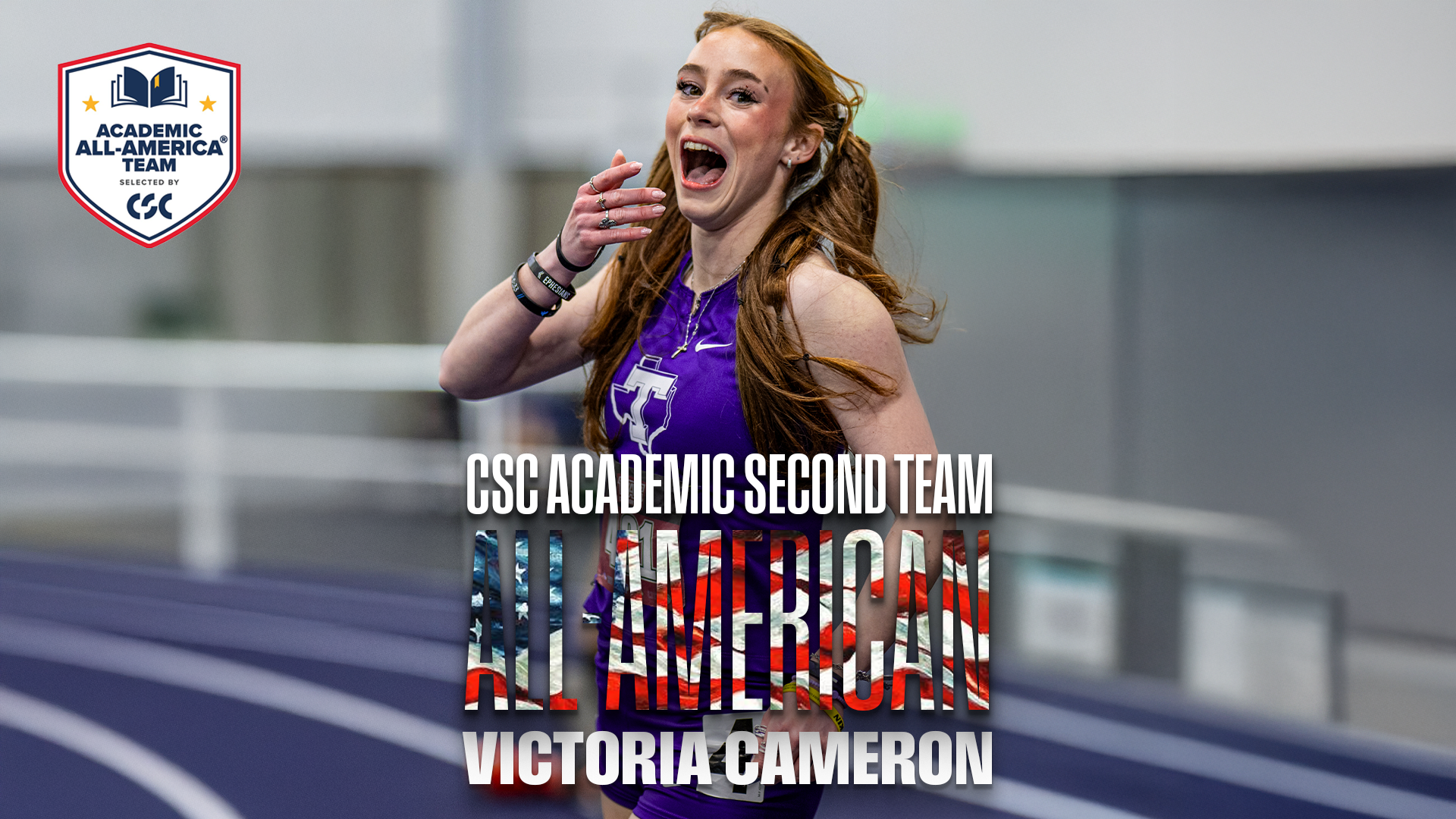 Victoria Cameron celebrating after an indoor 60 meter race