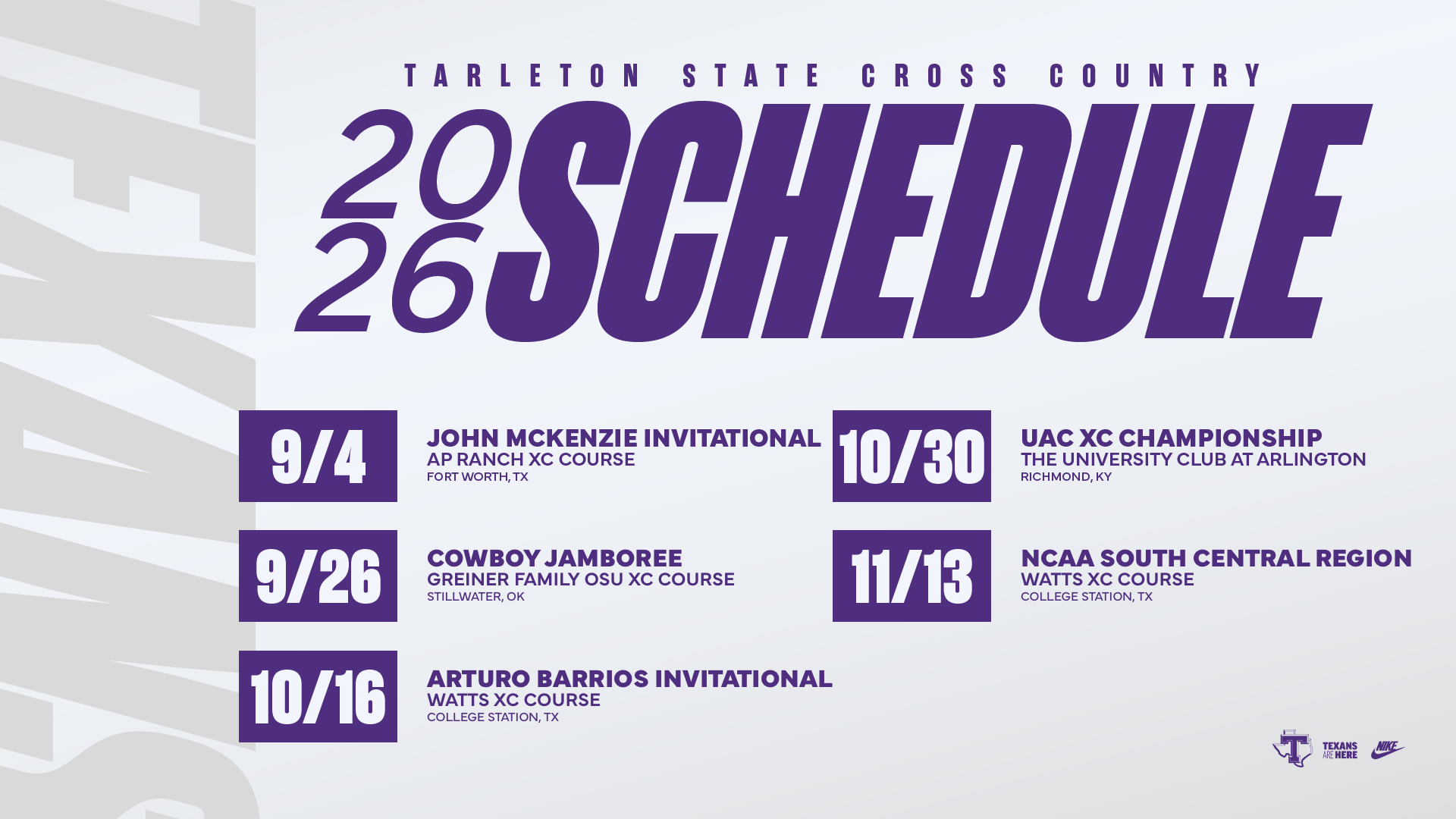 2026 Tarleton State XC Schedule Graphic