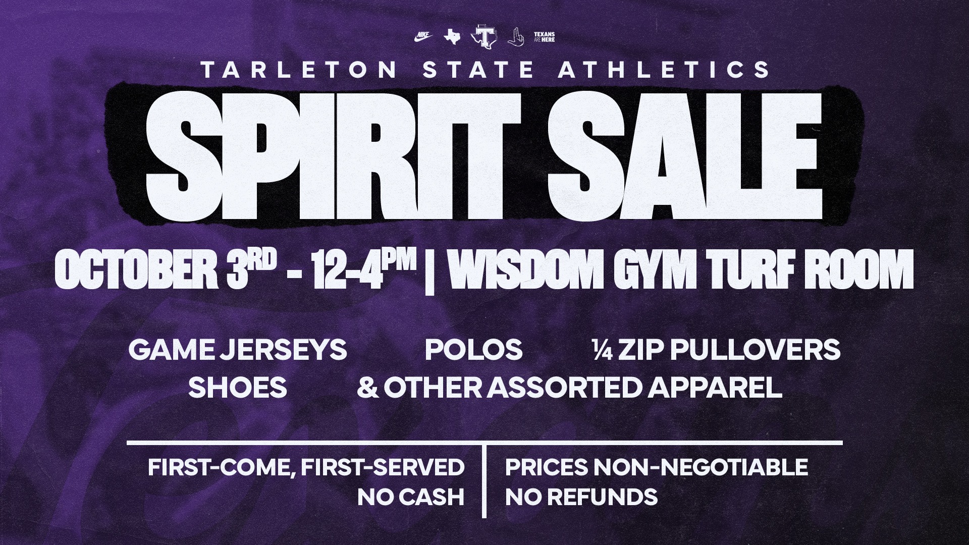 Tarleton State Athletics Spirit Sale (1920x1080, Oct. 3, 2026)