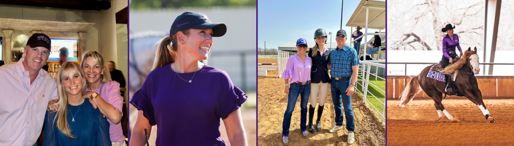  4-photo collage of equestrian athletes and coach Haley Schoolfield, Scully family, Ashleigh Scully, equestrian athlete riding a horse