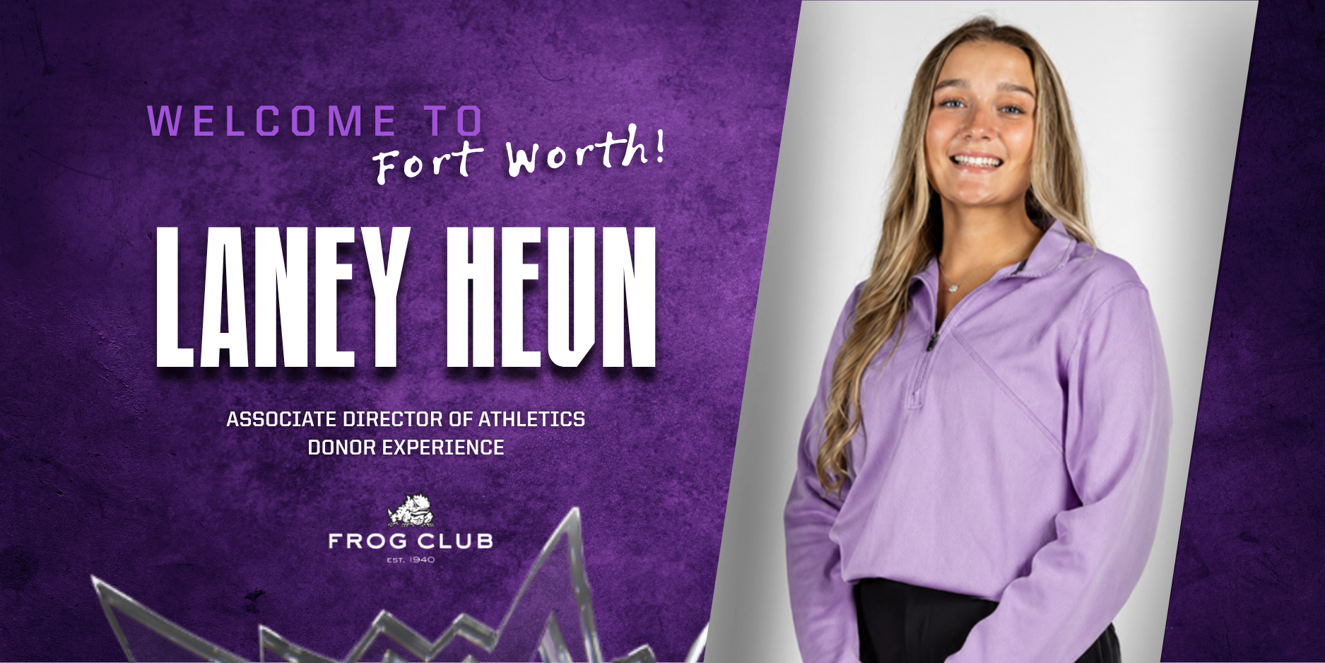 A photo of new Associate Director of Donor Experience, Laney Heun. Text reads 