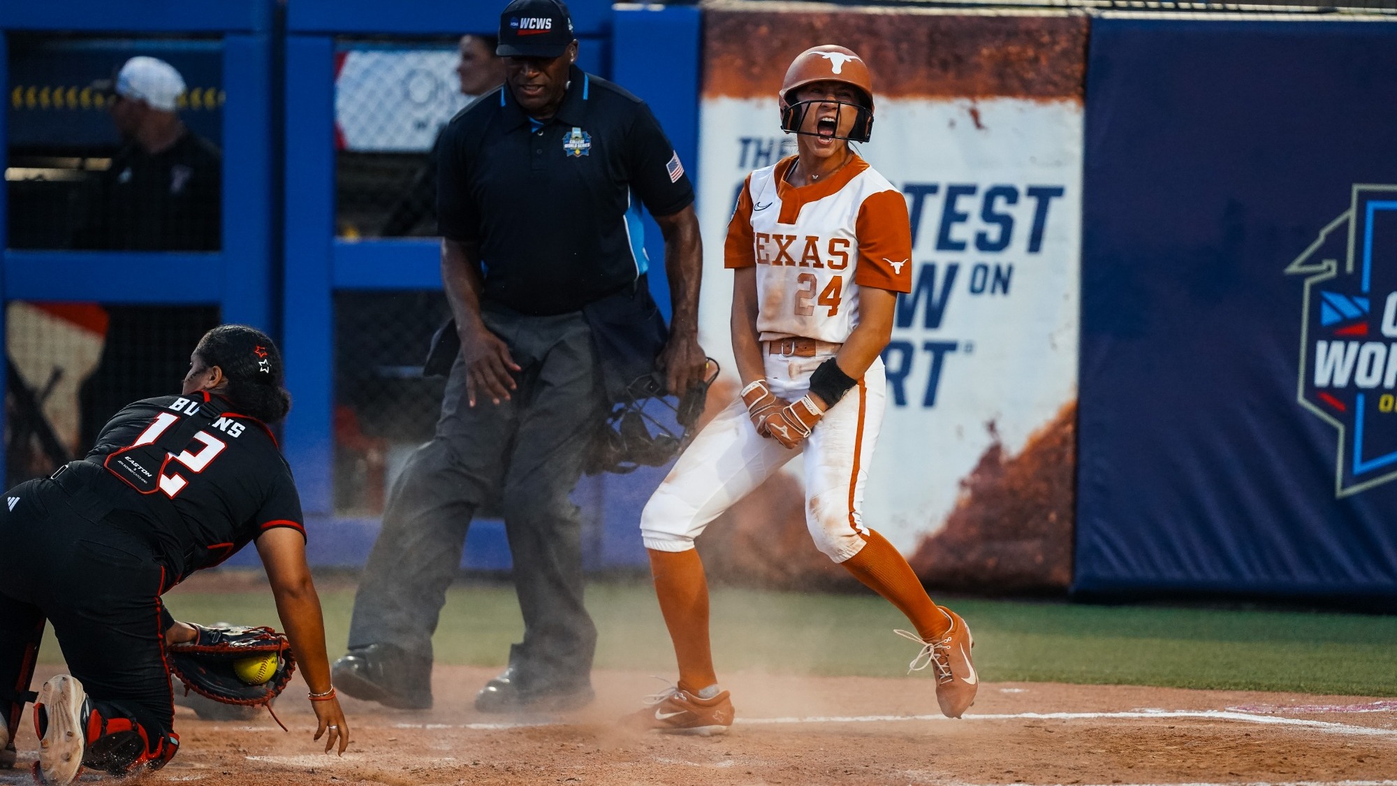 Texas softball celebrates at Devon Park during the 2026 WCWS Finals