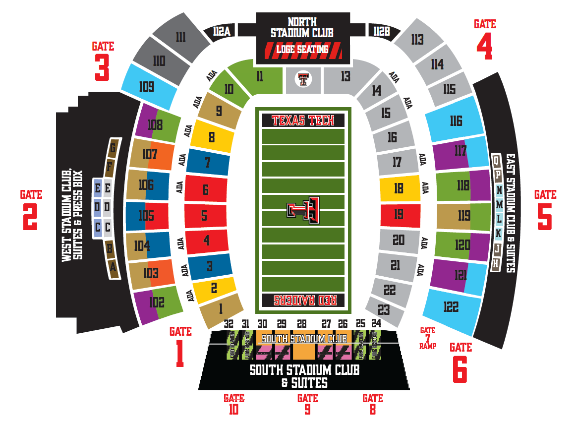 Color seating map of Jones AT&T Stadium showing sections 1–23 and 101–122, with North, South, East and West Stadium Clubs, loge seating, ADA-designated rows, and gates 1 through 10 around the field.