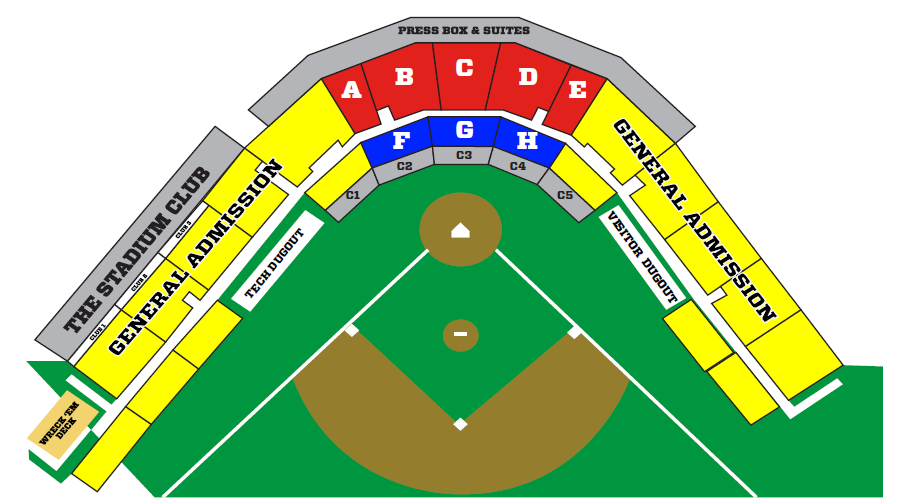 Color seating map of Rip Griffin Park at Texas Tech showing lower reserved, upper reserved, general admission, group general admission, and Wreck ’Em Deck seating areas around the field.