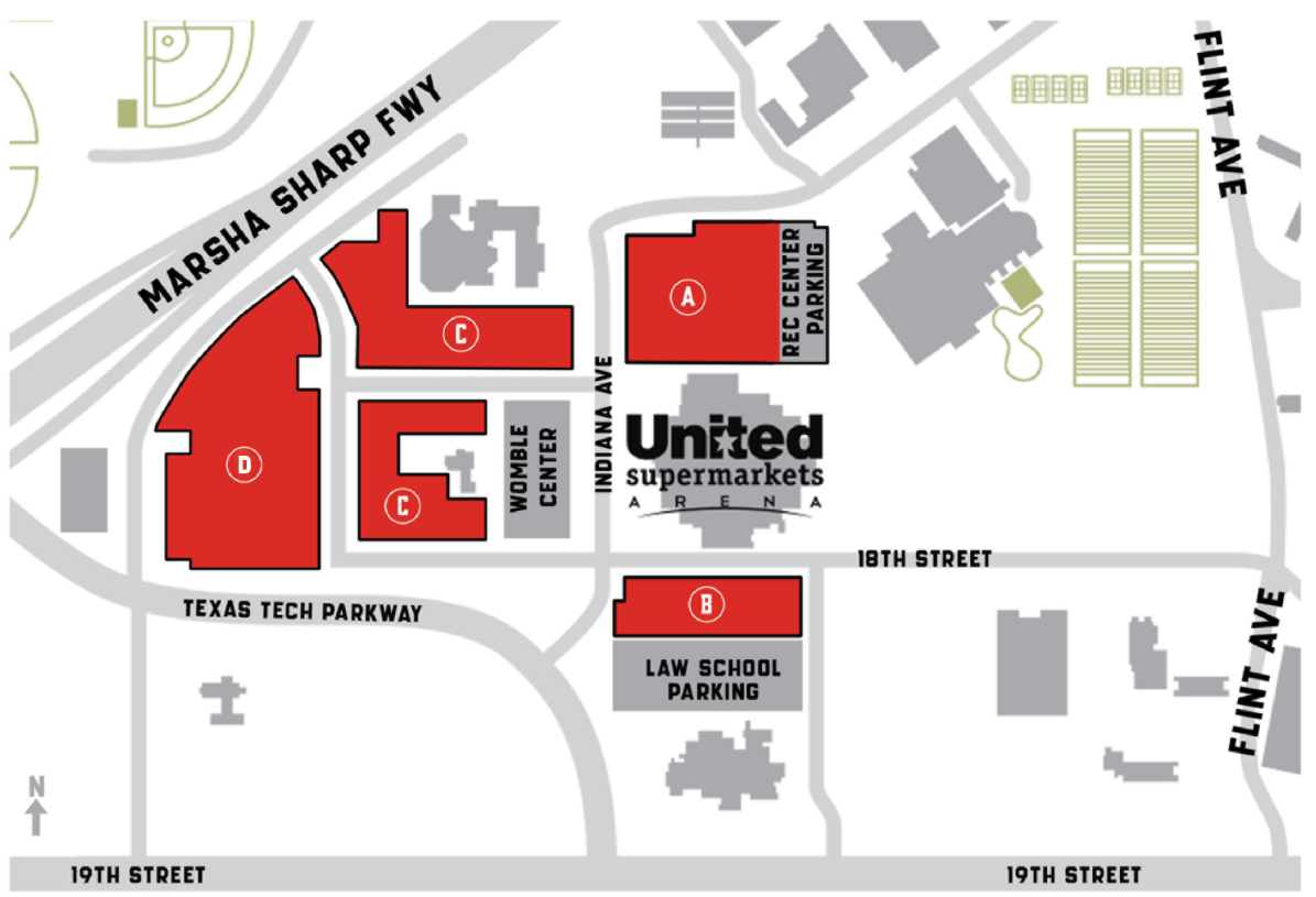 Parking map for women's basketball games at United Supermarkets Arena. Lot A is Red Raider Club North parking northeast of the arena near the Rec Center. Lot B is Red Raider Club South parking south of 18th Street near the Law School. Lot C is west of the Womble Basketball Center and is used for West Lot season parking. Lot D is behind the Womble Basketball Center and is used for free gameday parking. Nearby streets include Marsha Sharp Freeway, Texas Tech Parkway, Indiana Avenue, Flint Avenue, 18th Street and 19th Street.