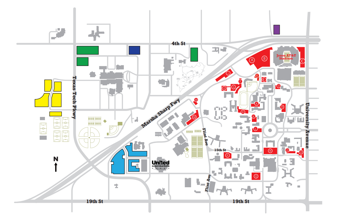 Color parking map of the Texas Tech campus for 2026 football season parking, showing Jones AT&T Stadium, United Supermarkets Arena, surrounding campus streets, and labeled parking areas by letter designation.
