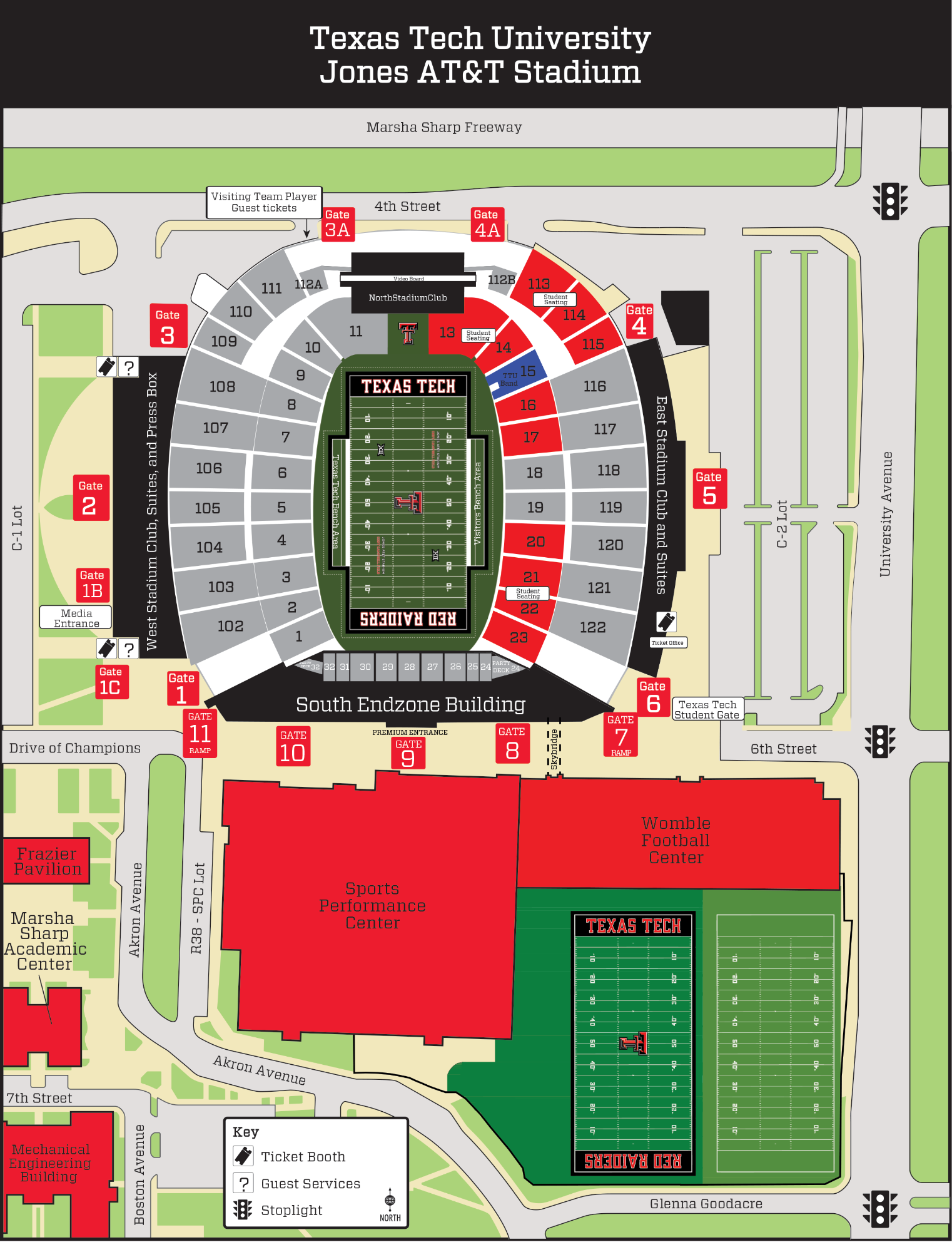 Map of Jones AT&T Stadium and nearby streets with stadium gates and key services labeled.