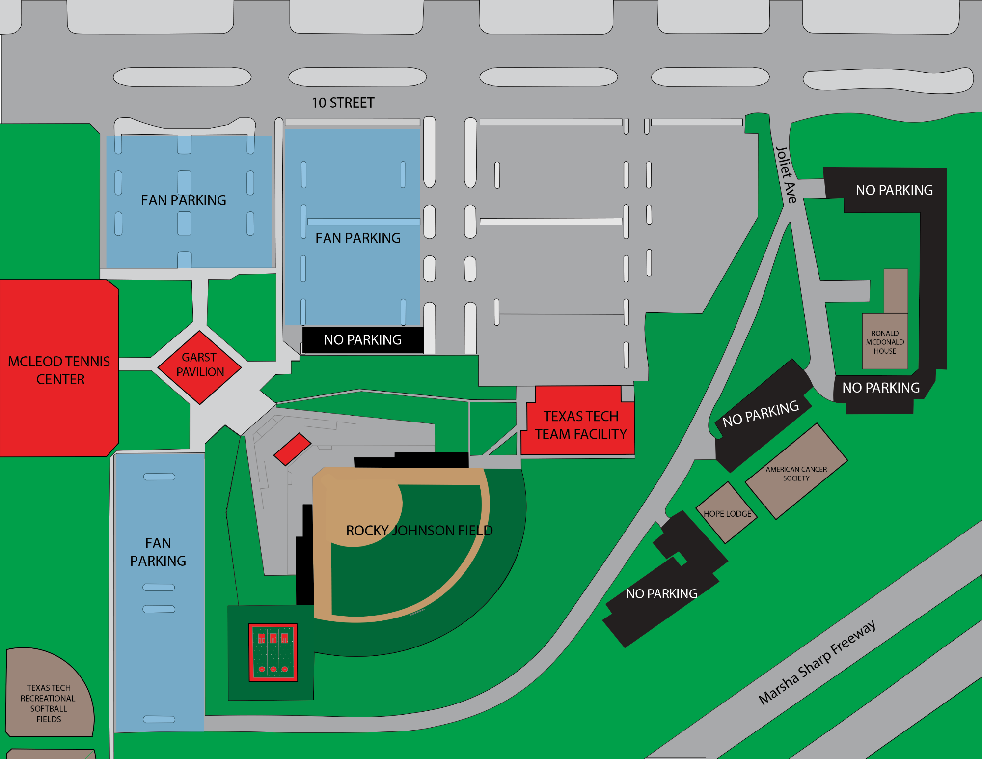 Parking map around Rocky Johnson Field. Fan Parking lots are labeled north and west of the field near 10th Street. McLeod Tennis Center and Garst Pavilion are to the west, and the Texas Tech Team Facility is to the east. Multiple areas to the east and southeast are labeled No Parking, including near Joliet Avenue and the Ronald McDonald House. Marsha Sharp Freeway is shown along the southeast edge.