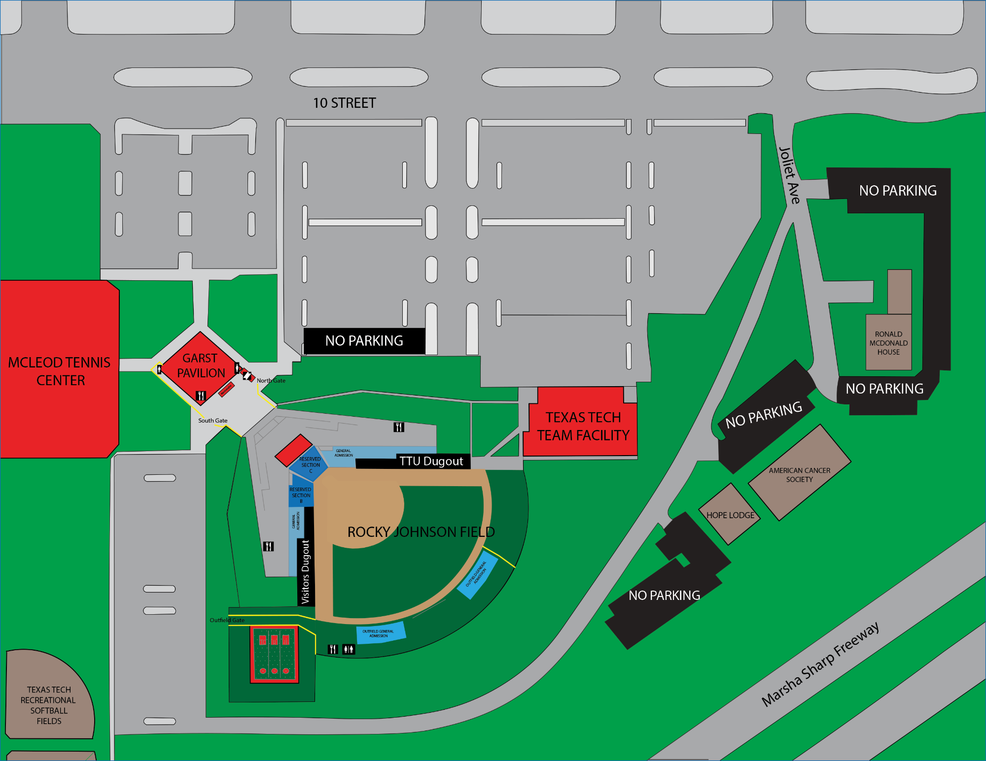 Facility layout map of Rocky Johnson Field showing labeled areas and entry points. The map labels TTU Dugout, Visitors Dugout, and seating and field areas. Gate and entry labels include North Gate, South Gate, and Outfield Gate, with restroom icons placed near key areas. Surrounding landmarks include Garst Pavilion to the west, Texas Tech Team Facility to the east, and multiple No Parking zones to the east and southeast.