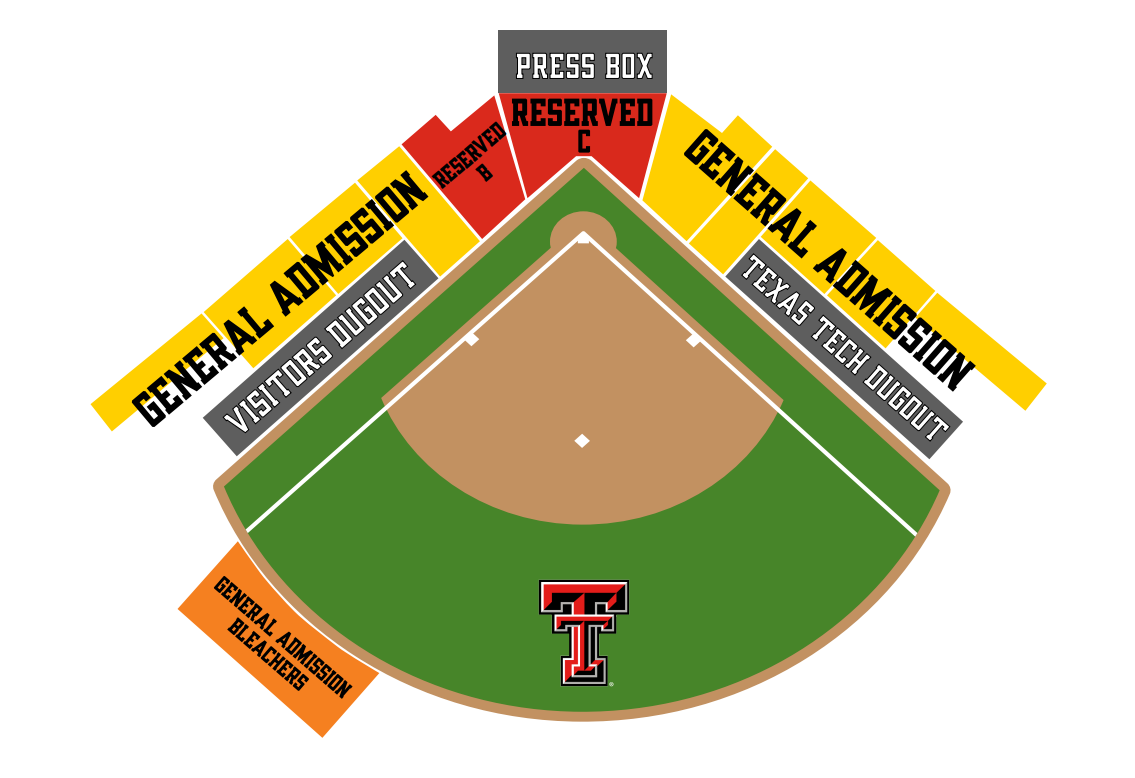 Rocky Johnson Softball Stadium seating map for 2026 season tickets, showing reserved sections behind home plate, general admission areas along both baselines, and general admission bleachers in left field.