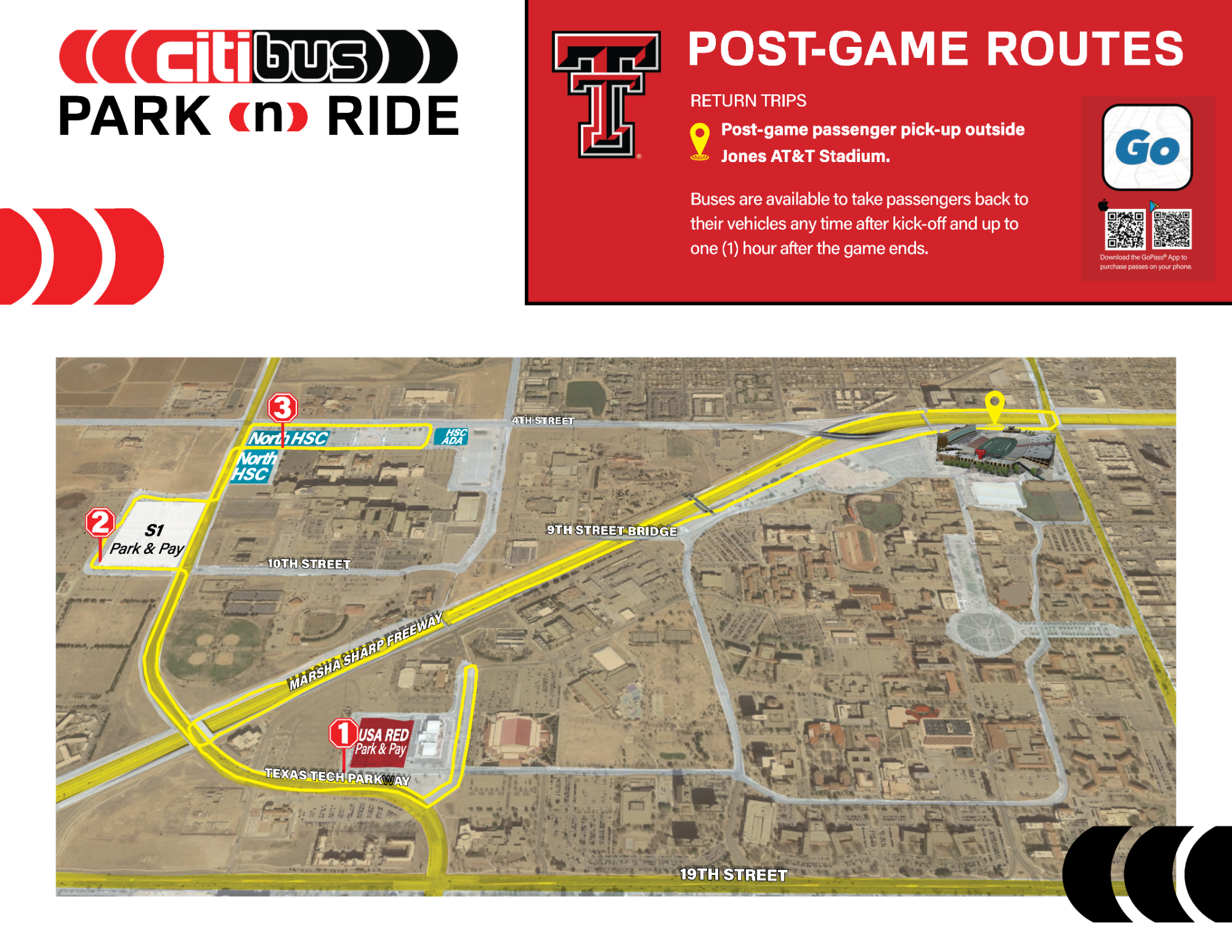 CitiBus Park-N-Ride post-game routes map showing the return route from Jones AT&T Stadium to park and pay lots, with a note that buses run after kickoff up to one hour after the game ends.