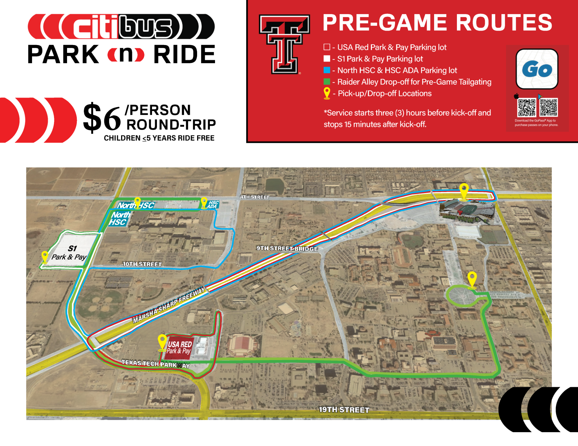 CitiBus Park-N-Ride pre-game routes map showing pickup locations and color-coded routes leading to Jones AT&T Stadium, with pricing listed as $6 per person round trip and children 5 and under ride free.