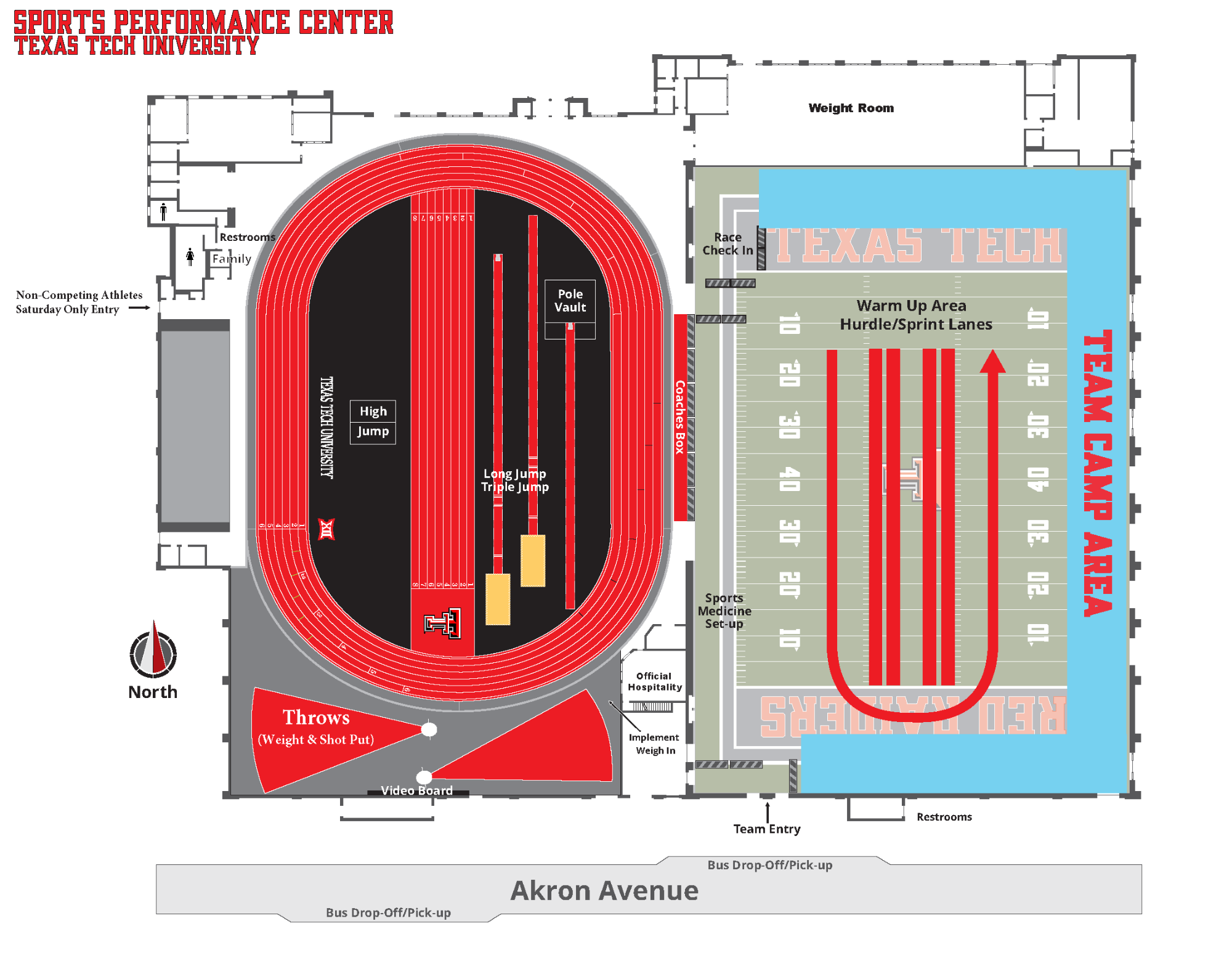 Sports Performance Center layout map showing the indoor track oval, fieldhouse warm-up and sprint lanes, team camp area, and labeled check-in and support areas.