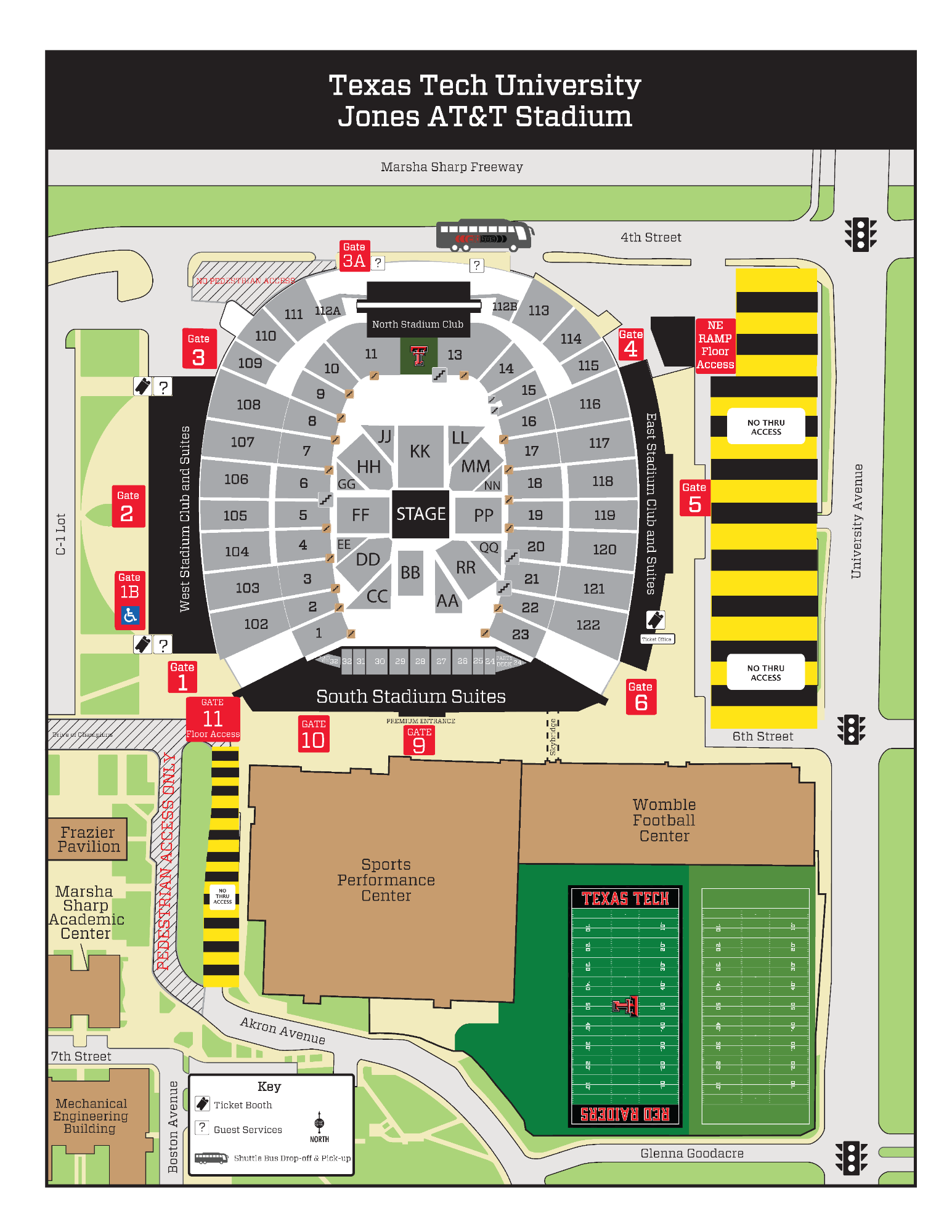 Map of Jones AT&T Stadium and the surrounding area at Texas Tech University. The stadium is shown in concert configuration with the stage on the south side of the field facing north. Stadium seating sections, west, east, and south stadium suites, the North Stadium Club, numbered gates 1 through 11, Gate 3A, and northeast ramp floor access are labeled. A shuttle bus drop-off and pick-up point is marked along 4th Street near Gate 3A. Ticket booths and guest services are marked on the west and east sides of the stadium. Nearby landmarks include the Sports Performance Center, Womble Football Center, practice fields, Frazier Pavilion, and the Marsha Sharp Academic Center. Streets shown include Marsha Sharp Freeway, 4th Street, 6th Street, 7th Street, Akron Avenue, University Avenue, Boston Avenue, and Glenna Goodacre Boulevard.