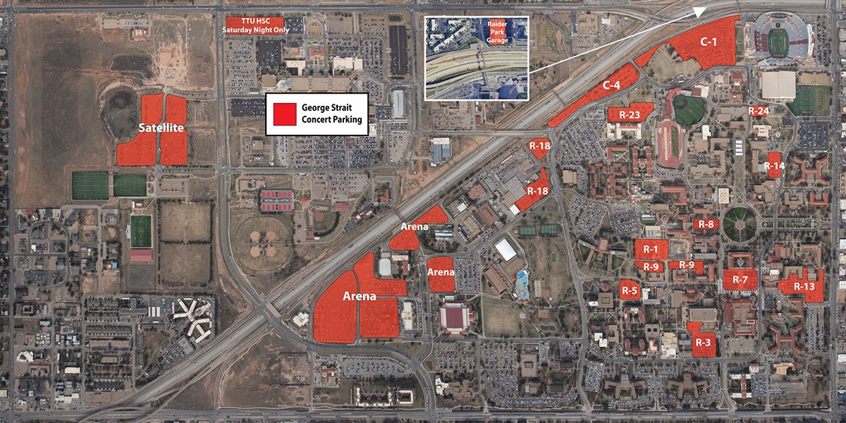 Aerial map of the Texas Tech area with multiple parking lots shaded in red and labeled, including Satellite, Arena, Raider Park Garage, and lots marked C-1, C-4, R-1, R-3, R-5, R-7, R-8, R-9, R-13, R-14, R-18, R-23, and R-24, showing George Strait concert parking locations.